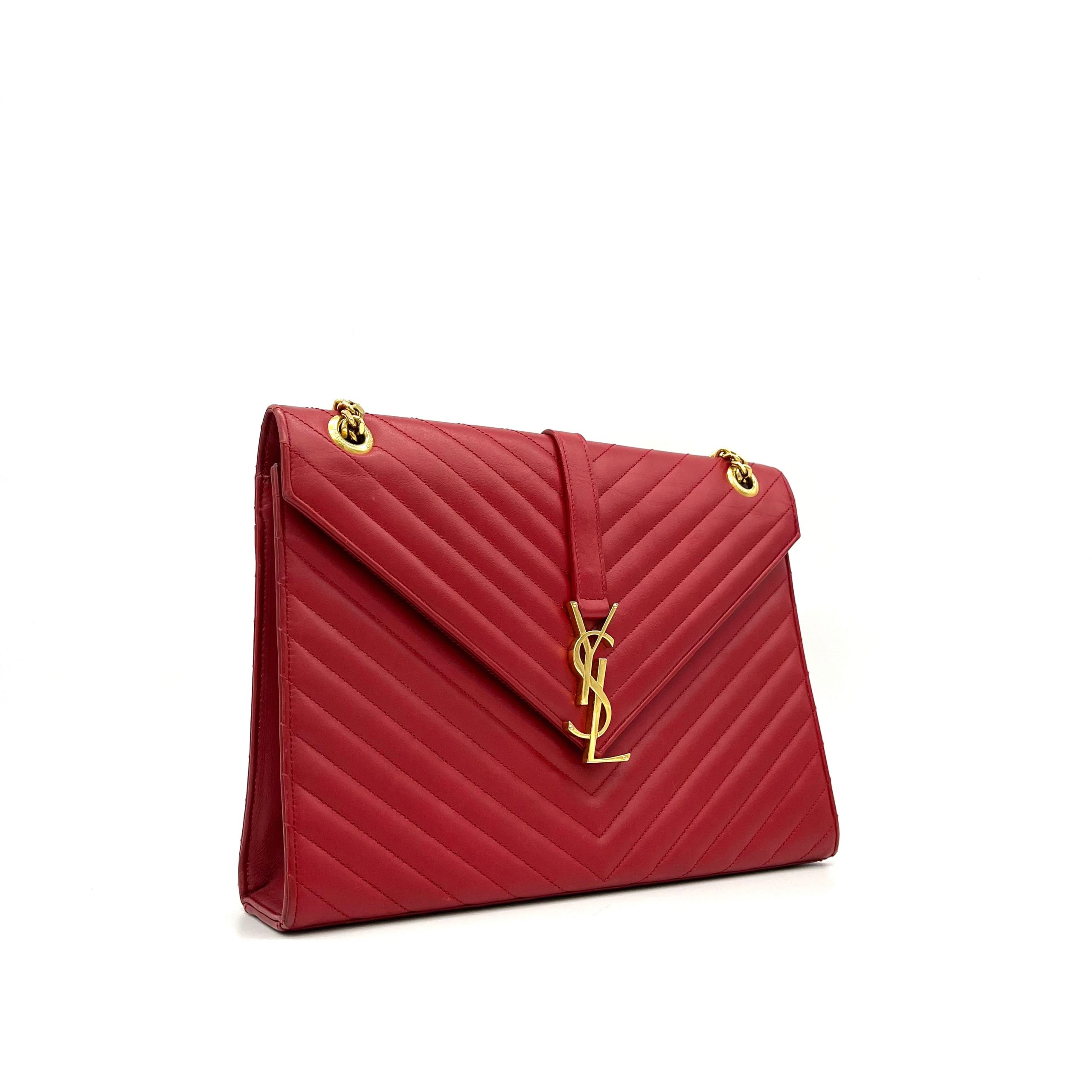 Saint Laurent Grain De Poudre Matelasse Chevron Large Monogram Satchel Lipstick Red 2013