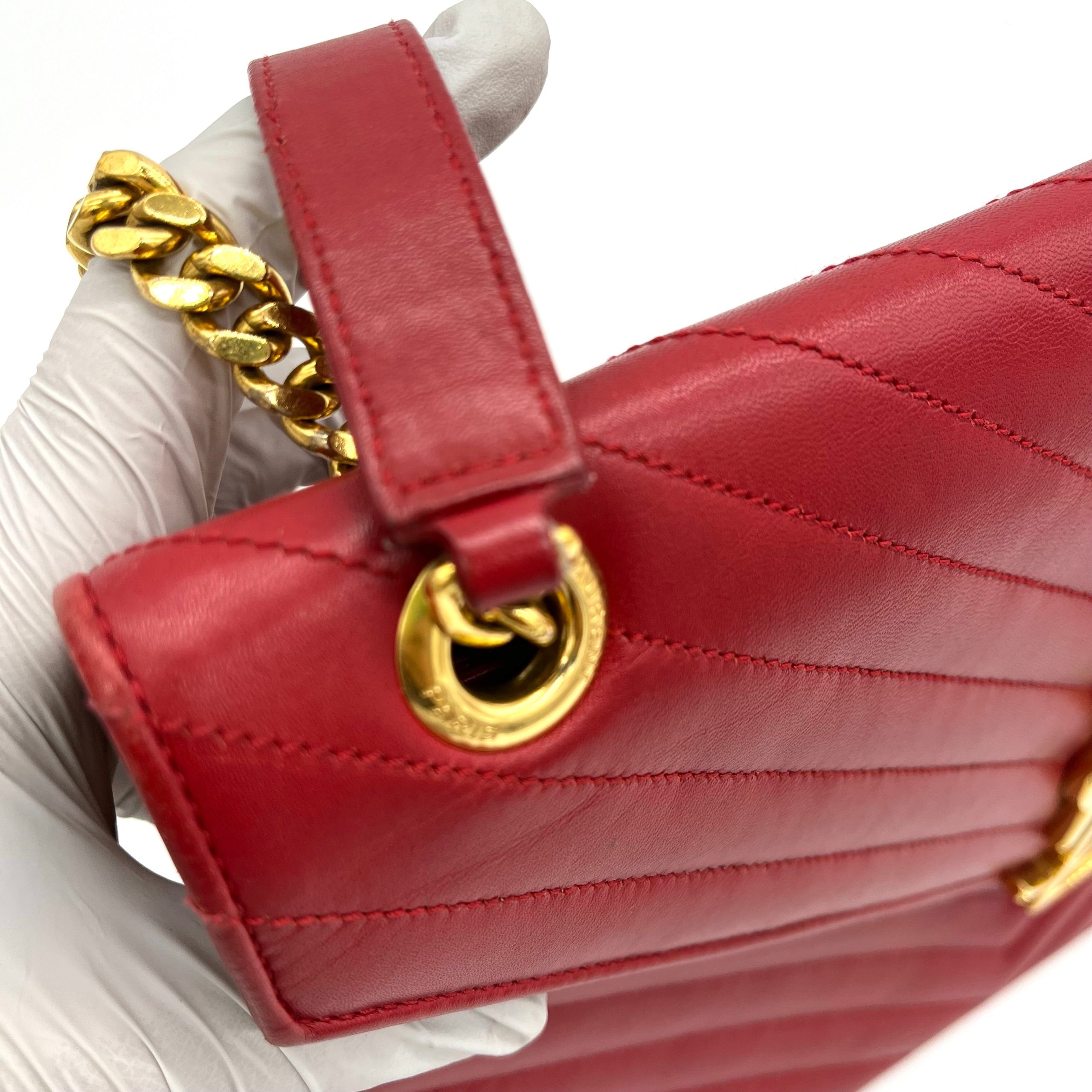 Saint Laurent Grain De Poudre Matelasse Chevron Large Monogram Satchel Lipstick Red 2013