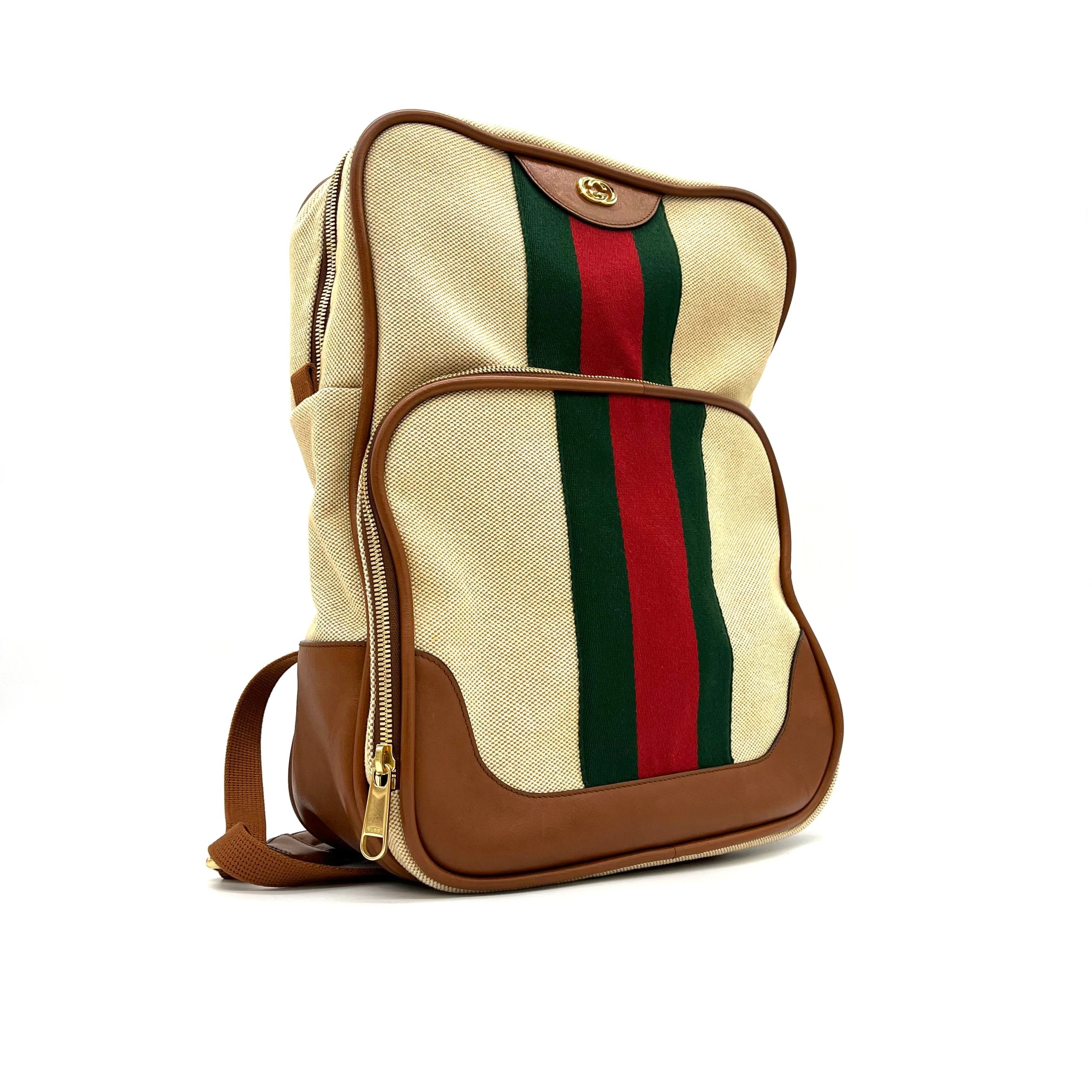 Gucci Vintage Canvas Calfskin Web Backpack Sand Light Cuir