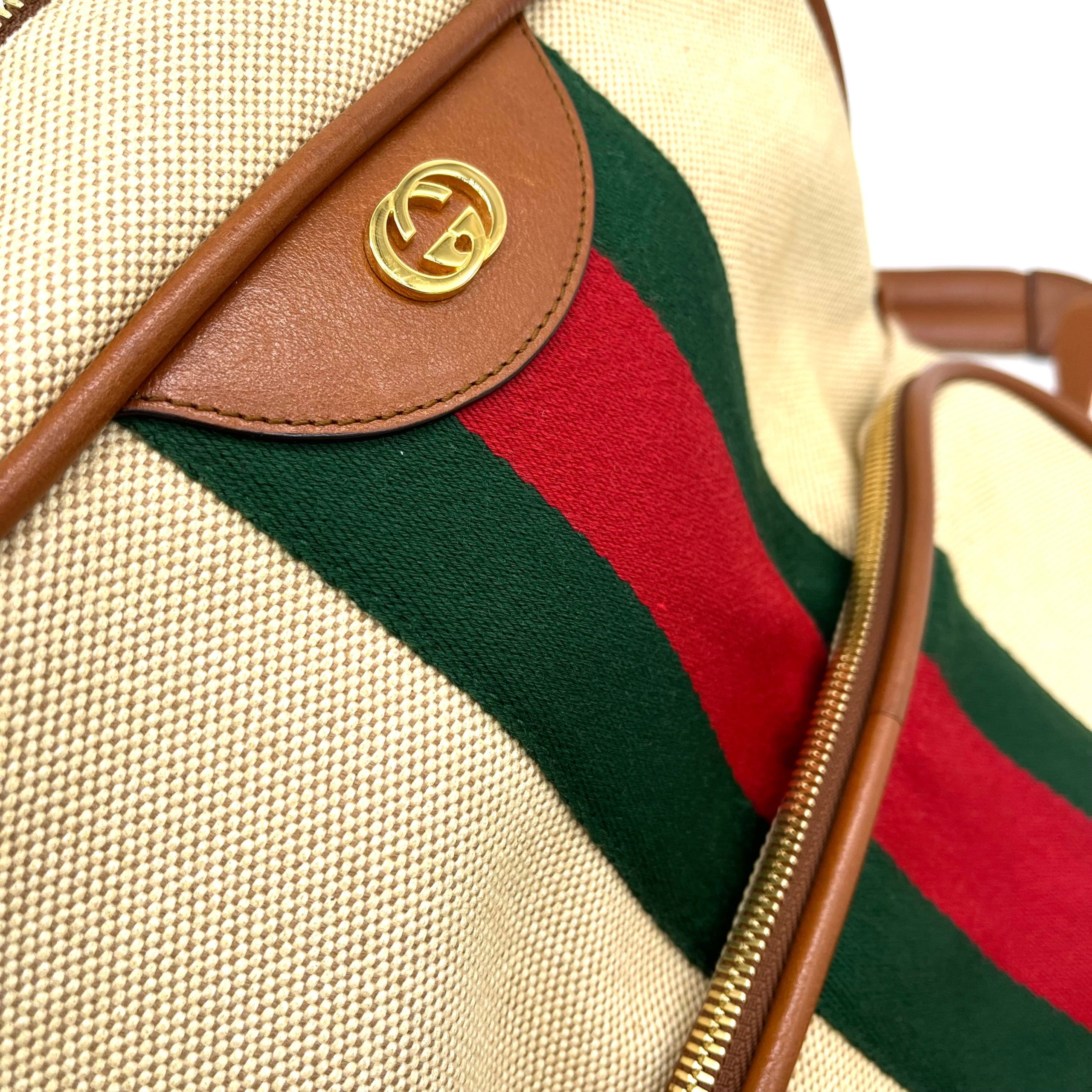 Gucci Vintage Canvas Calfskin Web Backpack Sand Light Cuir