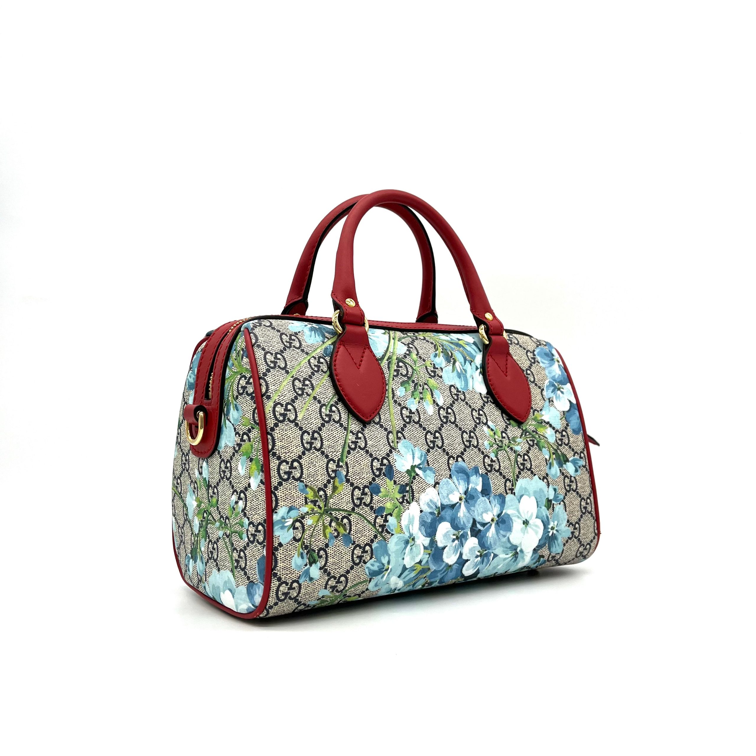 Gucci GG Supreme Monogram Blooms Small Boston Beige Blue Navy Hibiscus Red