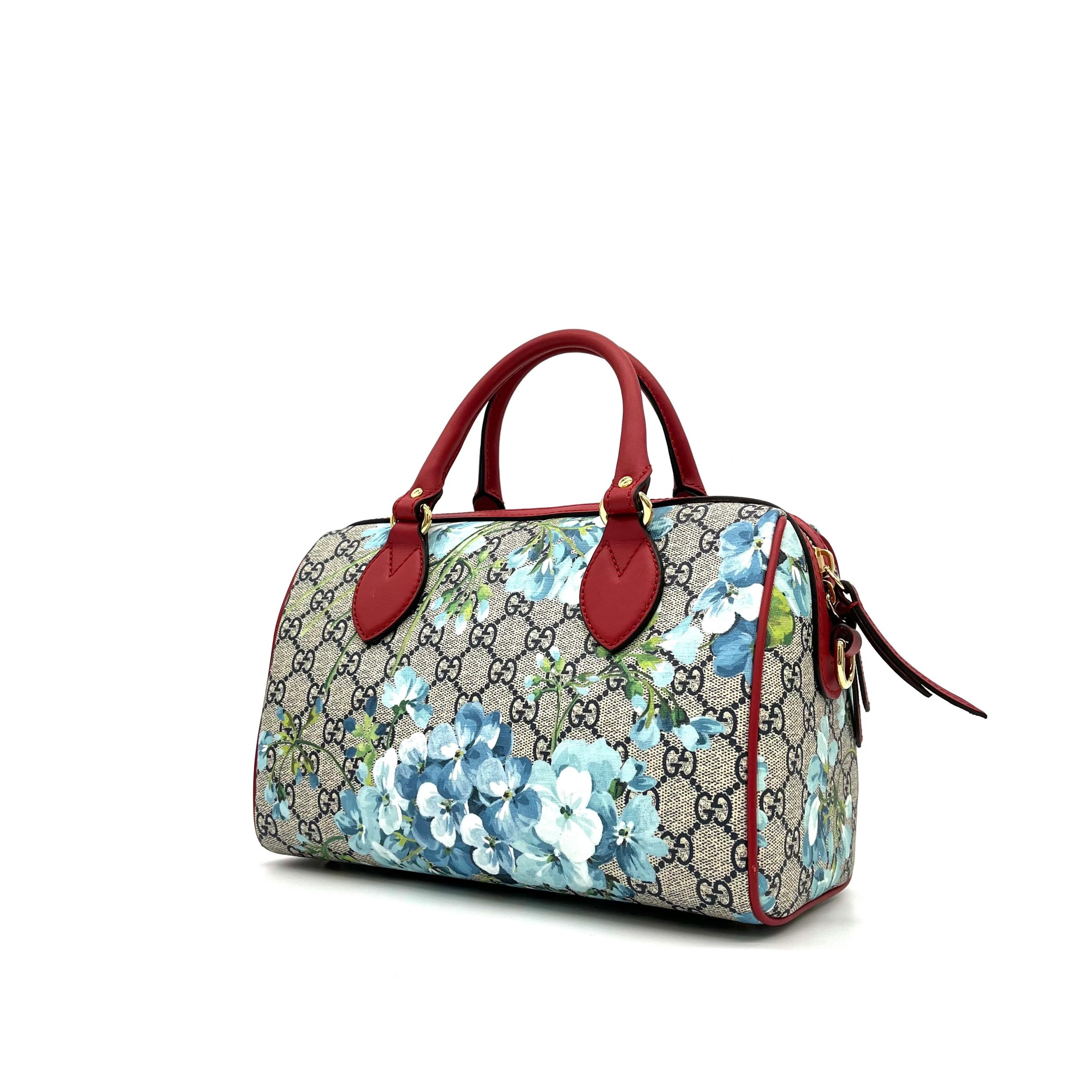 Gucci GG Supreme Monogram Blooms Small Boston Beige Blue Navy Hibiscus Red