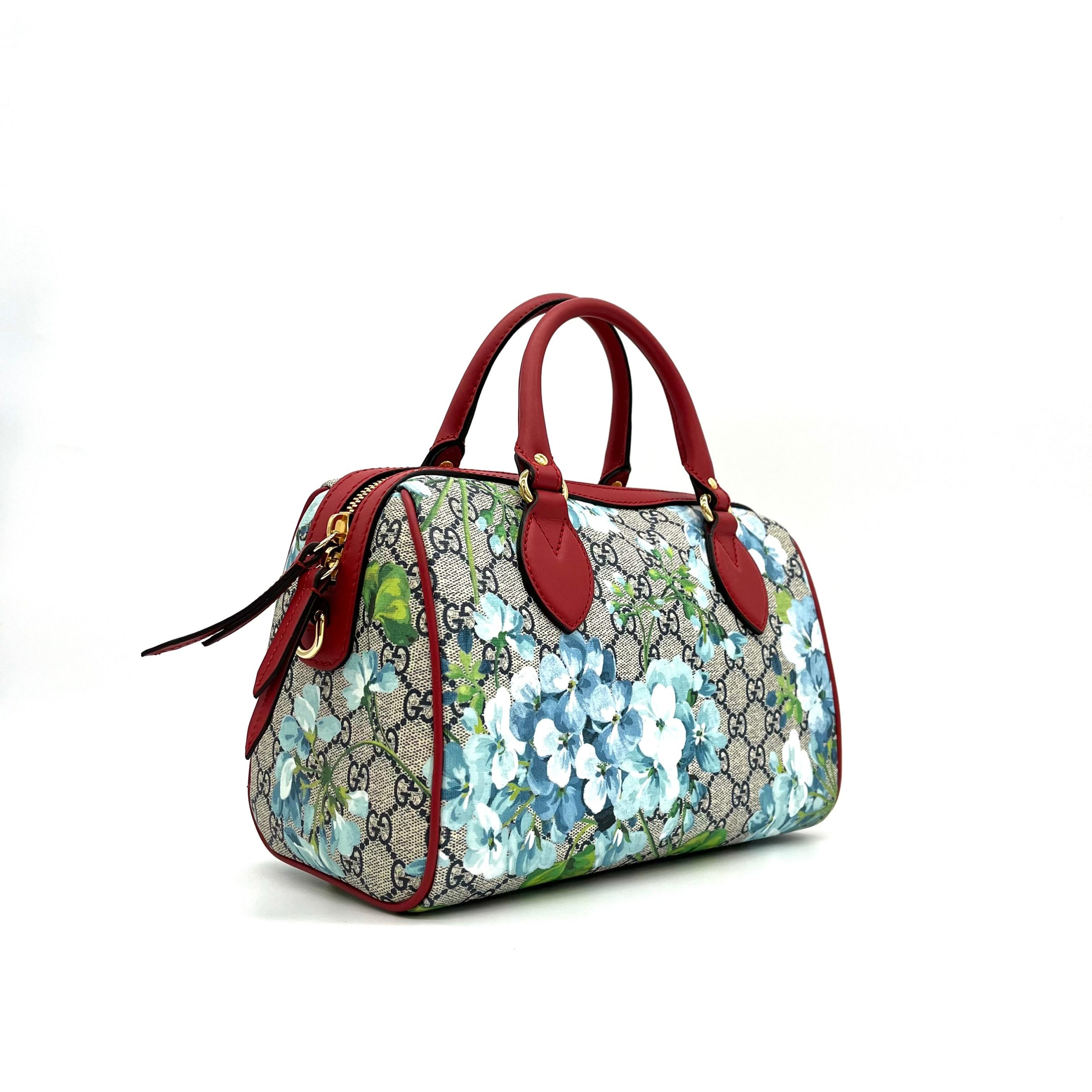 Gucci GG Supreme Monogram Blooms Small Boston Beige Blue Navy Hibiscus Red