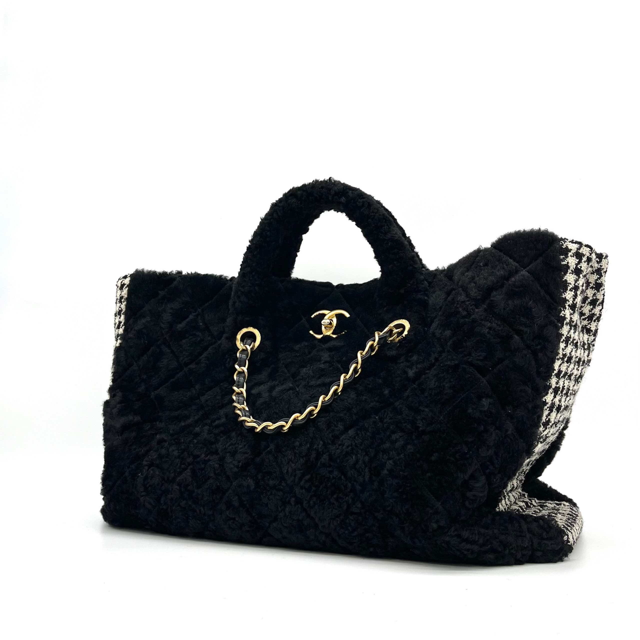 Chanel CC Chain Shopping Tote Quilted Shearling with Tweed Large 2020
