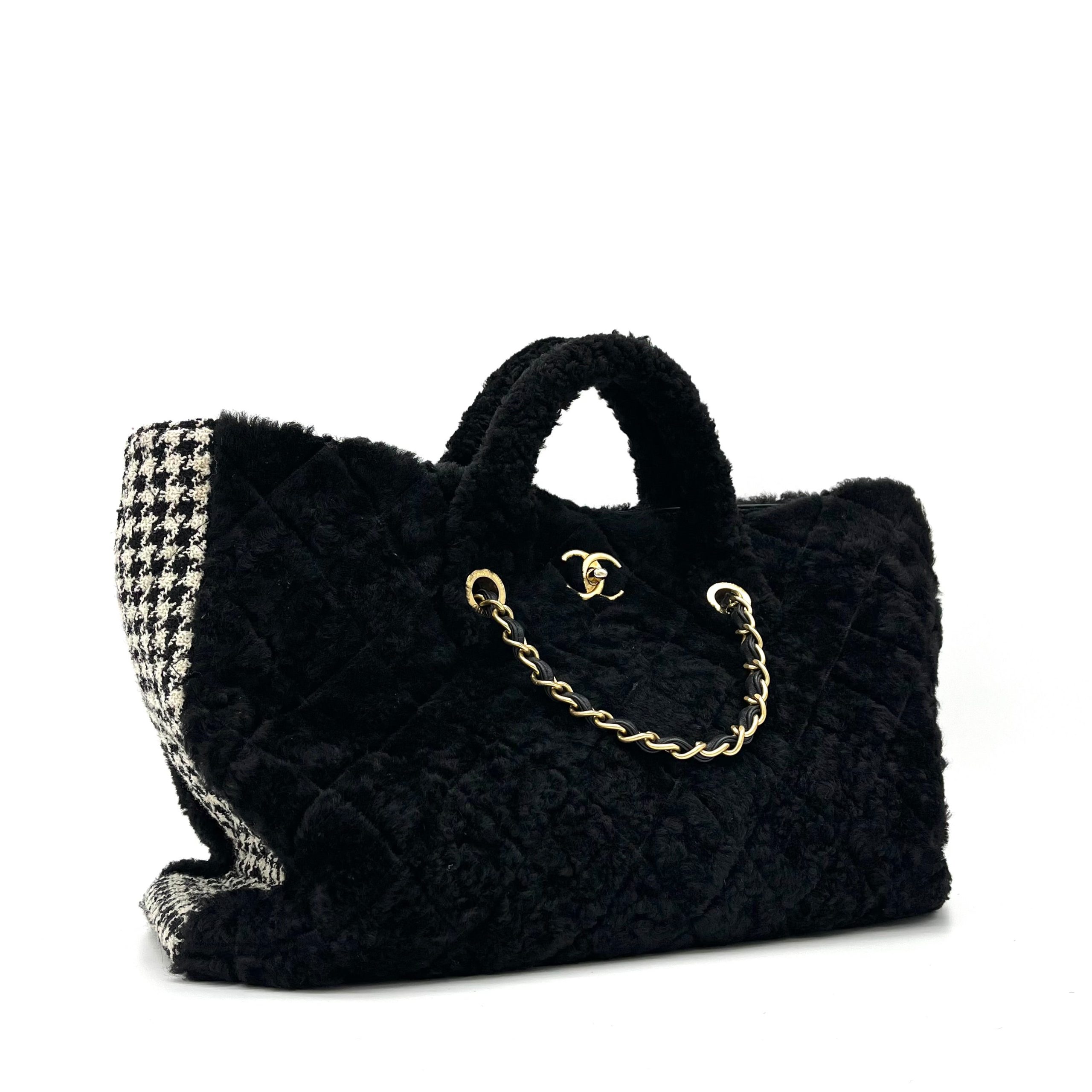 Chanel CC Chain Shopping Tote Quilted Shearling with Tweed Large 2020