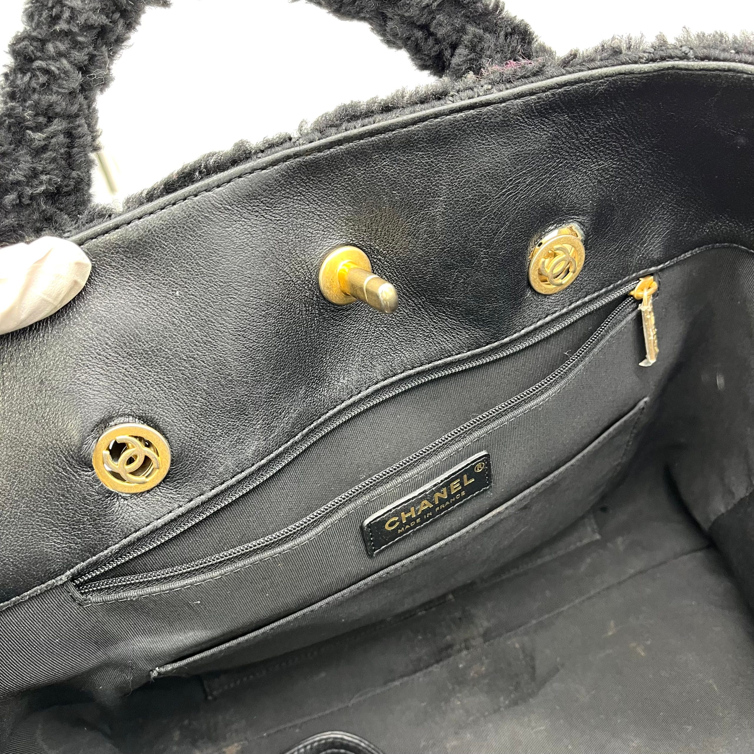 Chanel CC Chain Shopping Tote Quilted Shearling with Tweed Large 2020