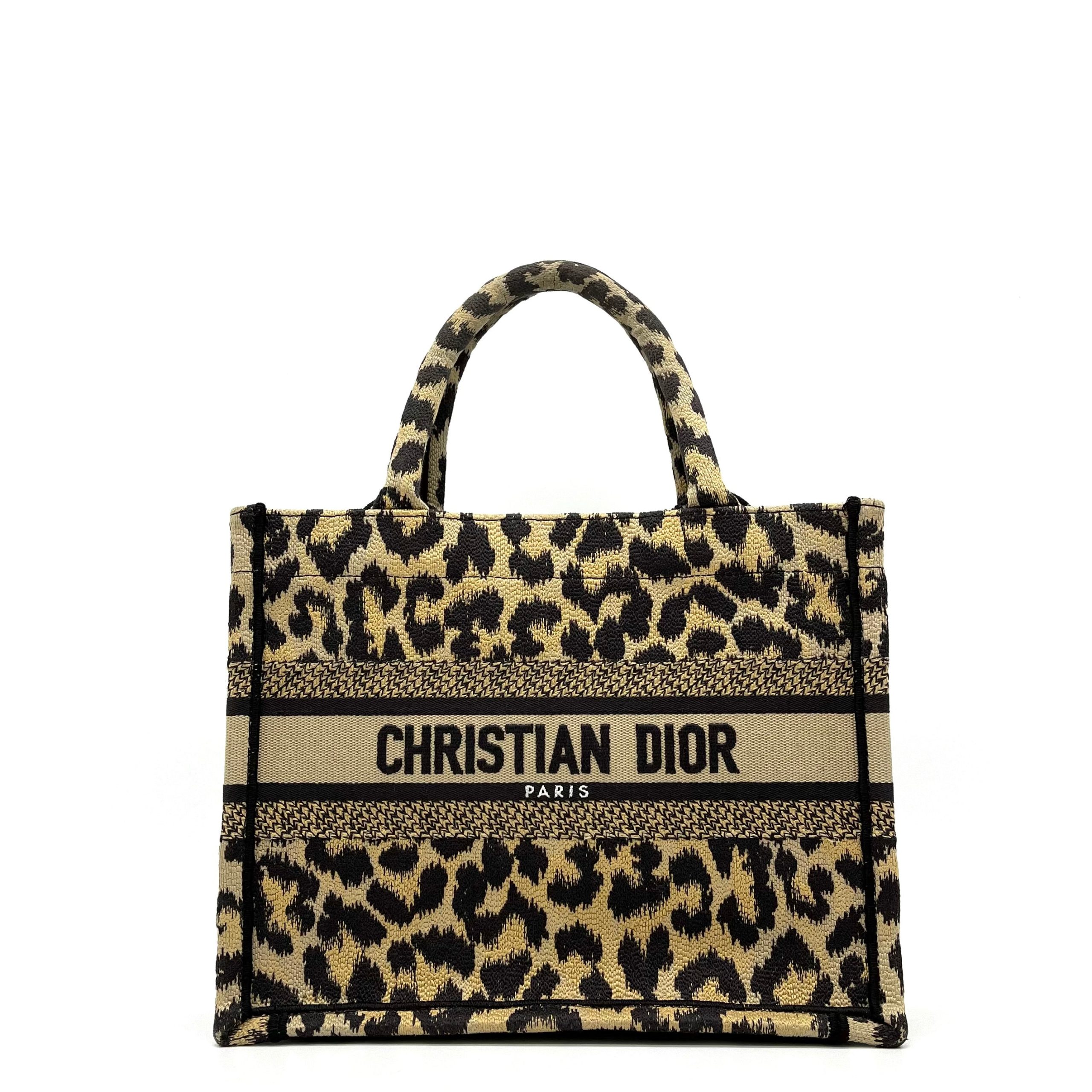 Christian Dior Canvas Mizza Embroidered Small Leopard Book Tote Beige