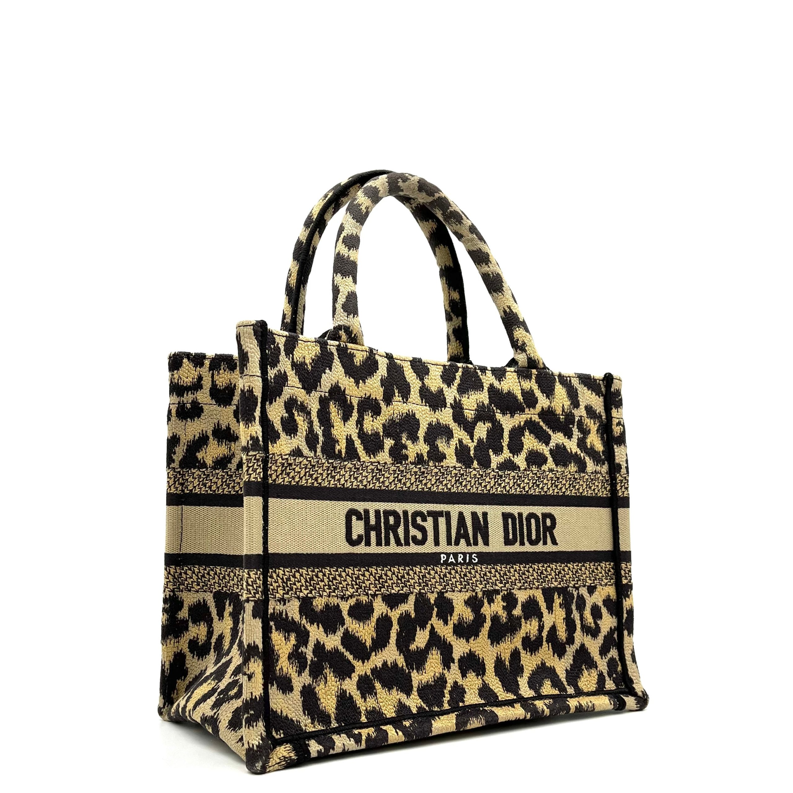 Christian Dior Canvas Mizza Embroidered Small Leopard Book Tote Beige