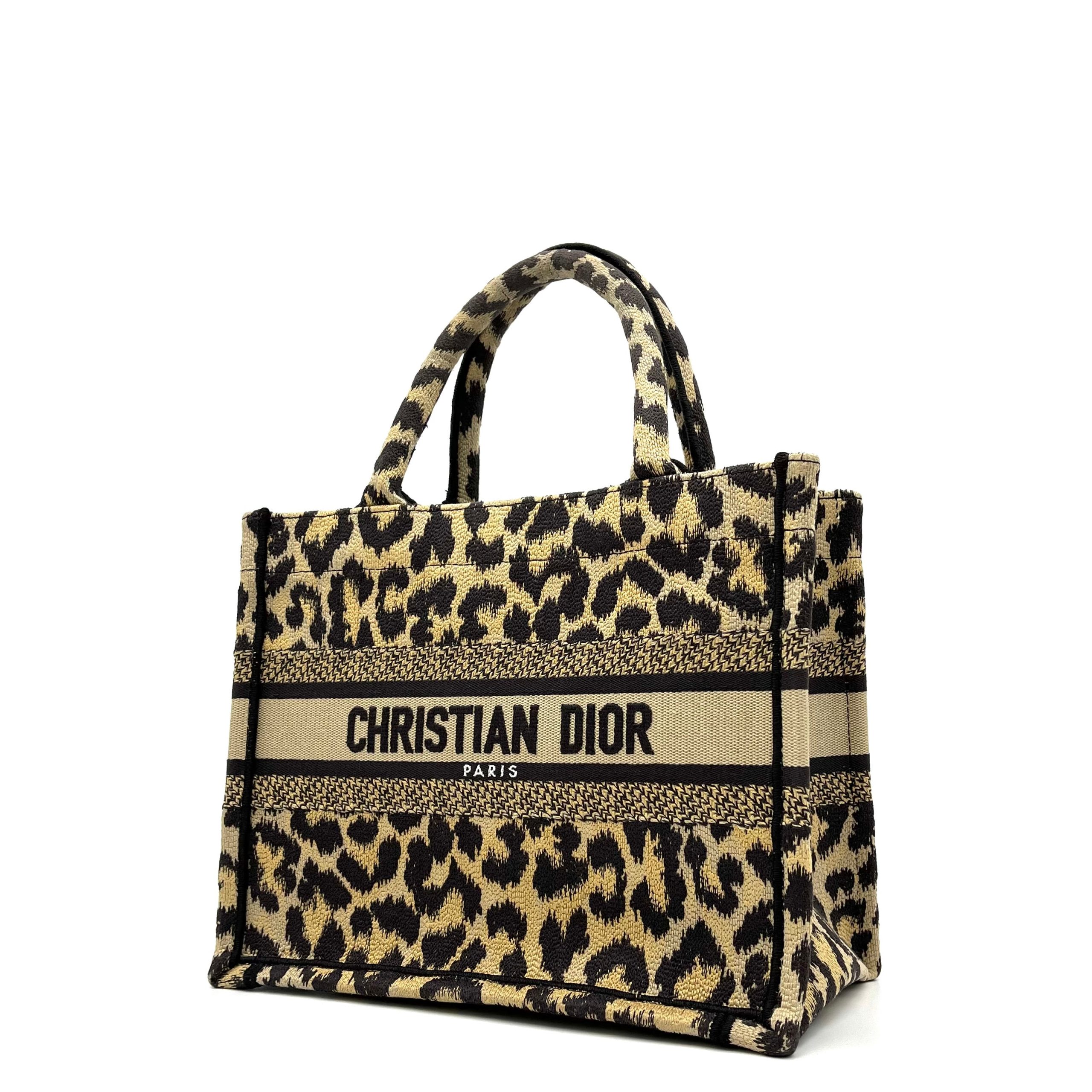 Christian Dior Canvas Mizza Embroidered Small Leopard Book Tote Beige