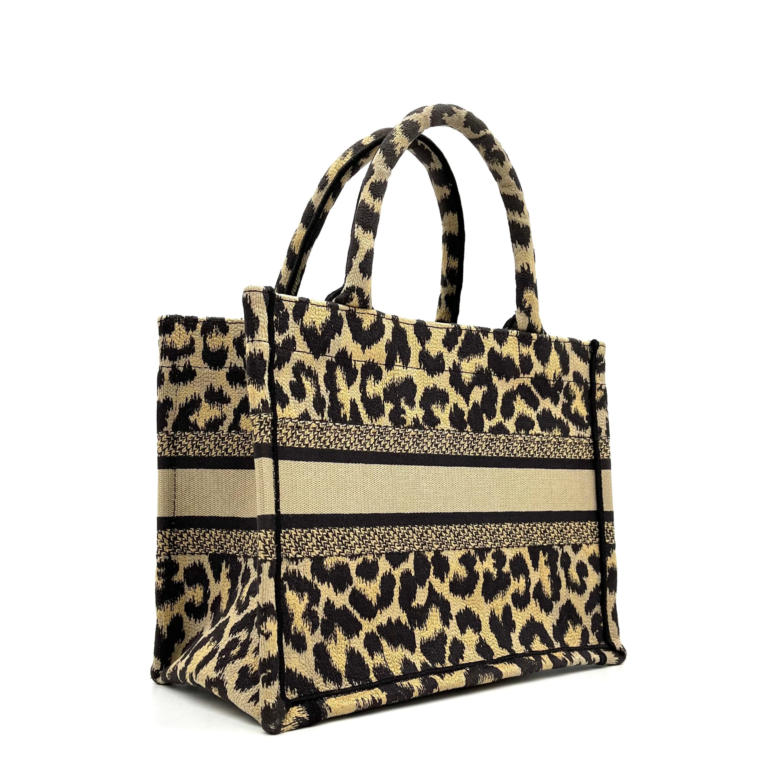 Christian Dior Canvas Mizza Embroidered Small Leopard Book Tote Beige
