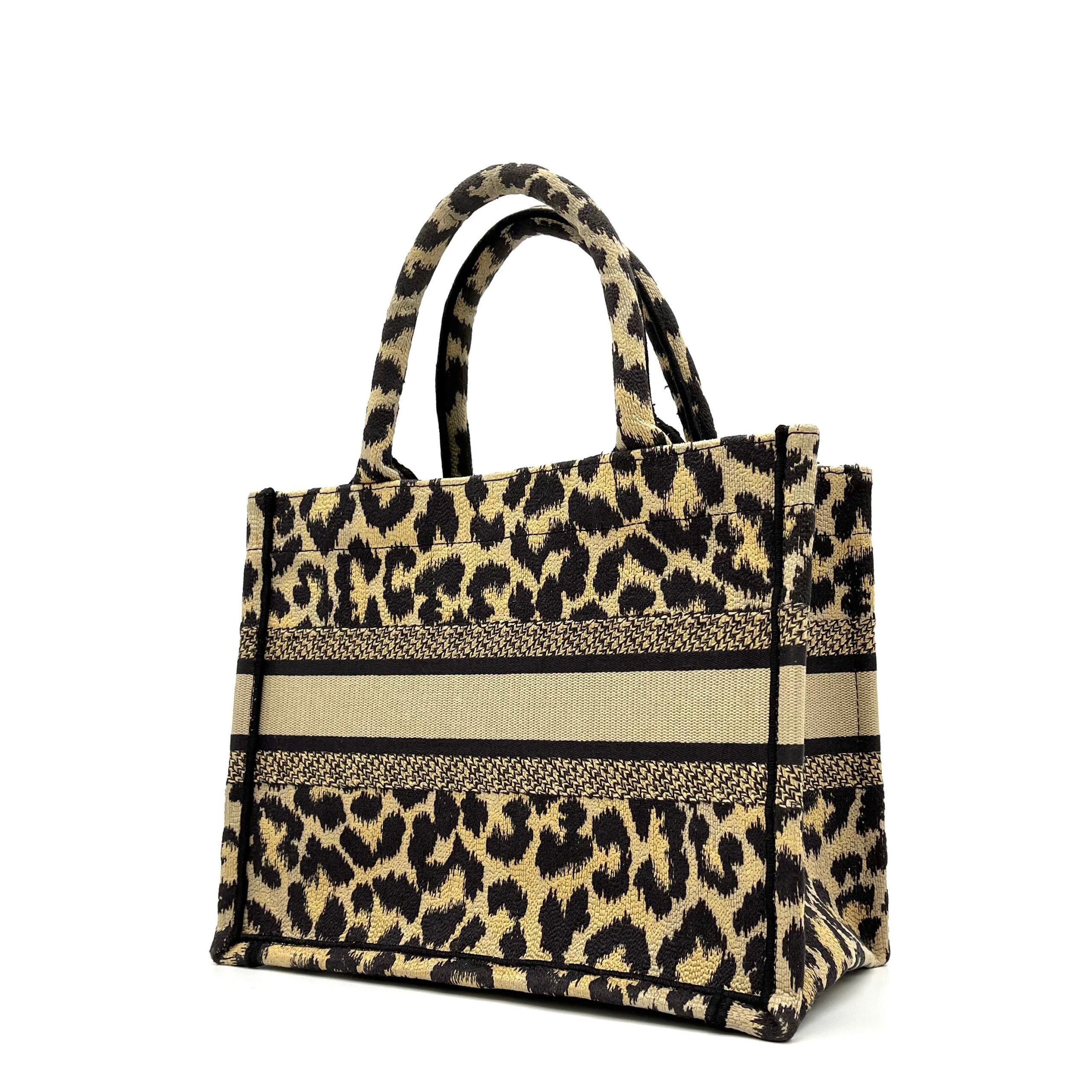 Christian Dior Canvas Mizza Embroidered Small Leopard Book Tote Beige