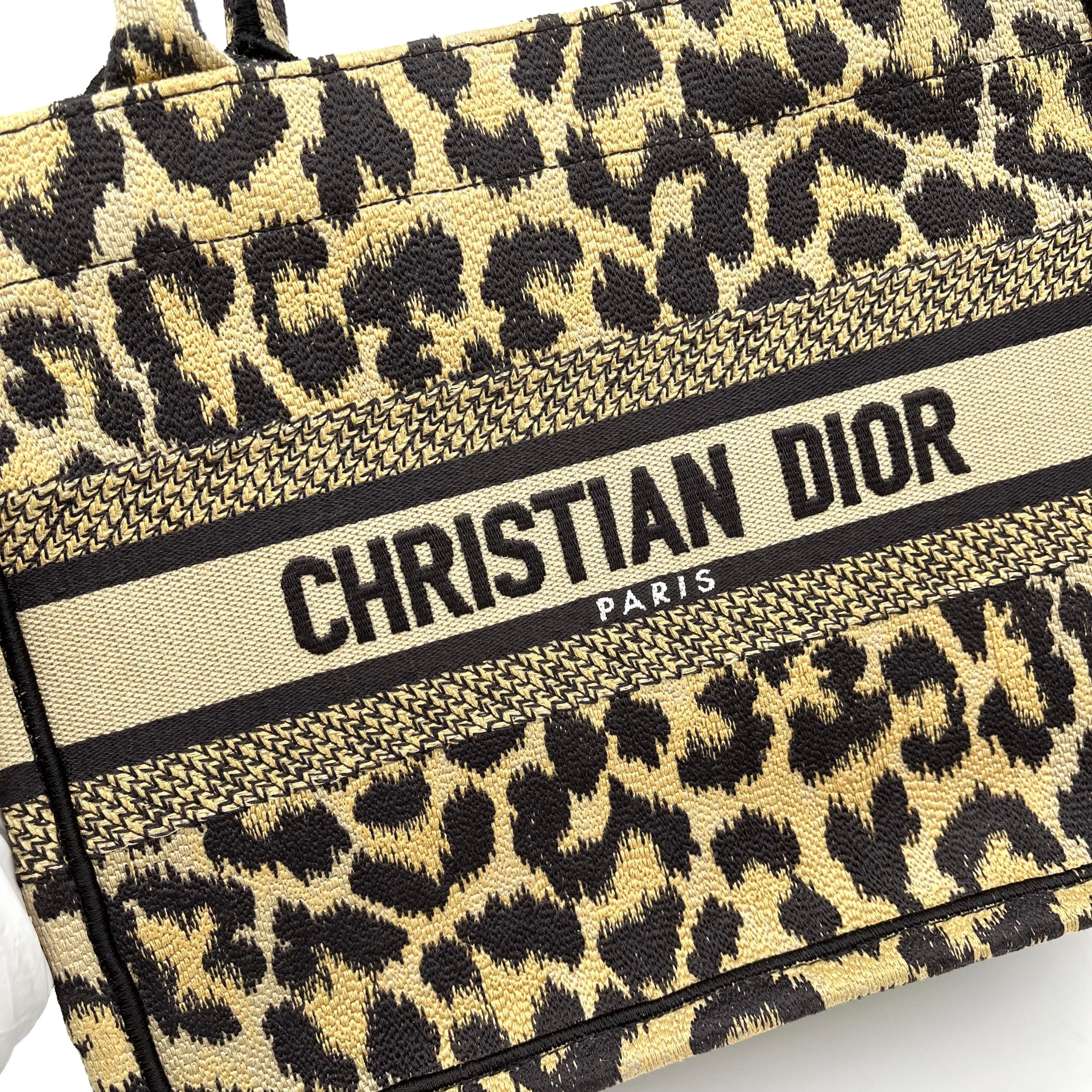 Christian Dior Canvas Mizza Embroidered Small Leopard Book Tote Beige