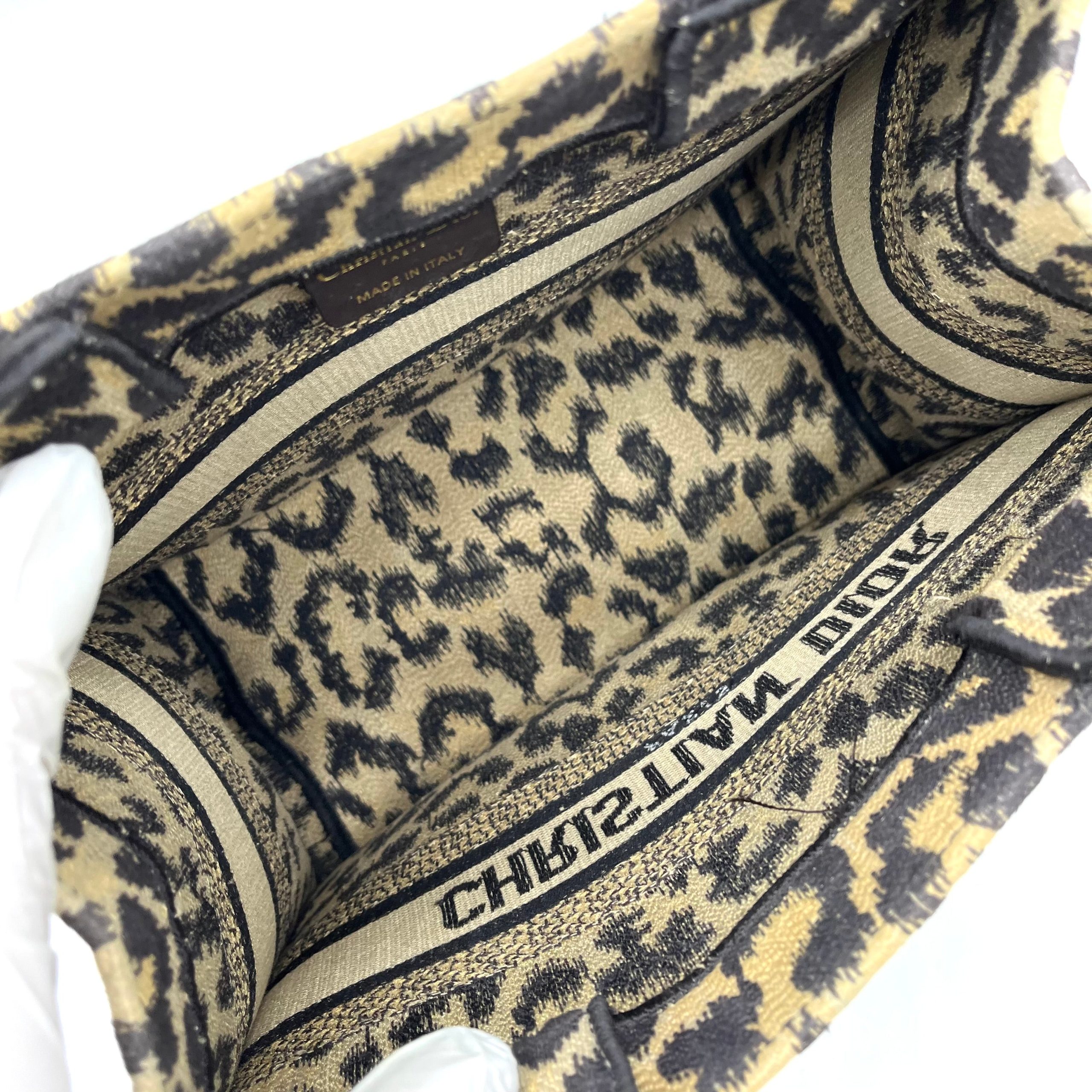 Christian Dior Canvas Mizza Embroidered Small Leopard Book Tote Beige