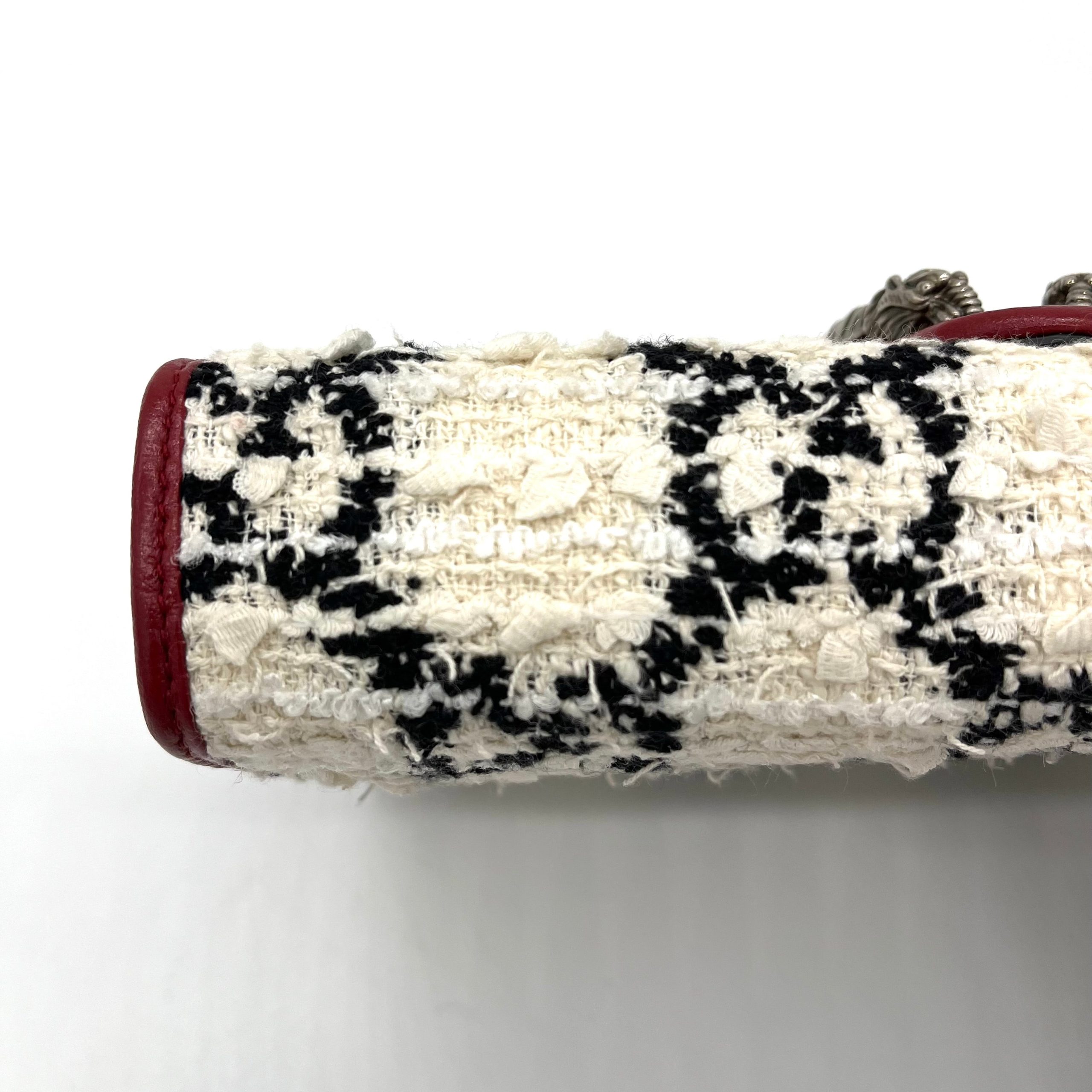 Gucci Tweed GG Monogram Mini Dionysus Chain Wallet White Black Romantic Cherry