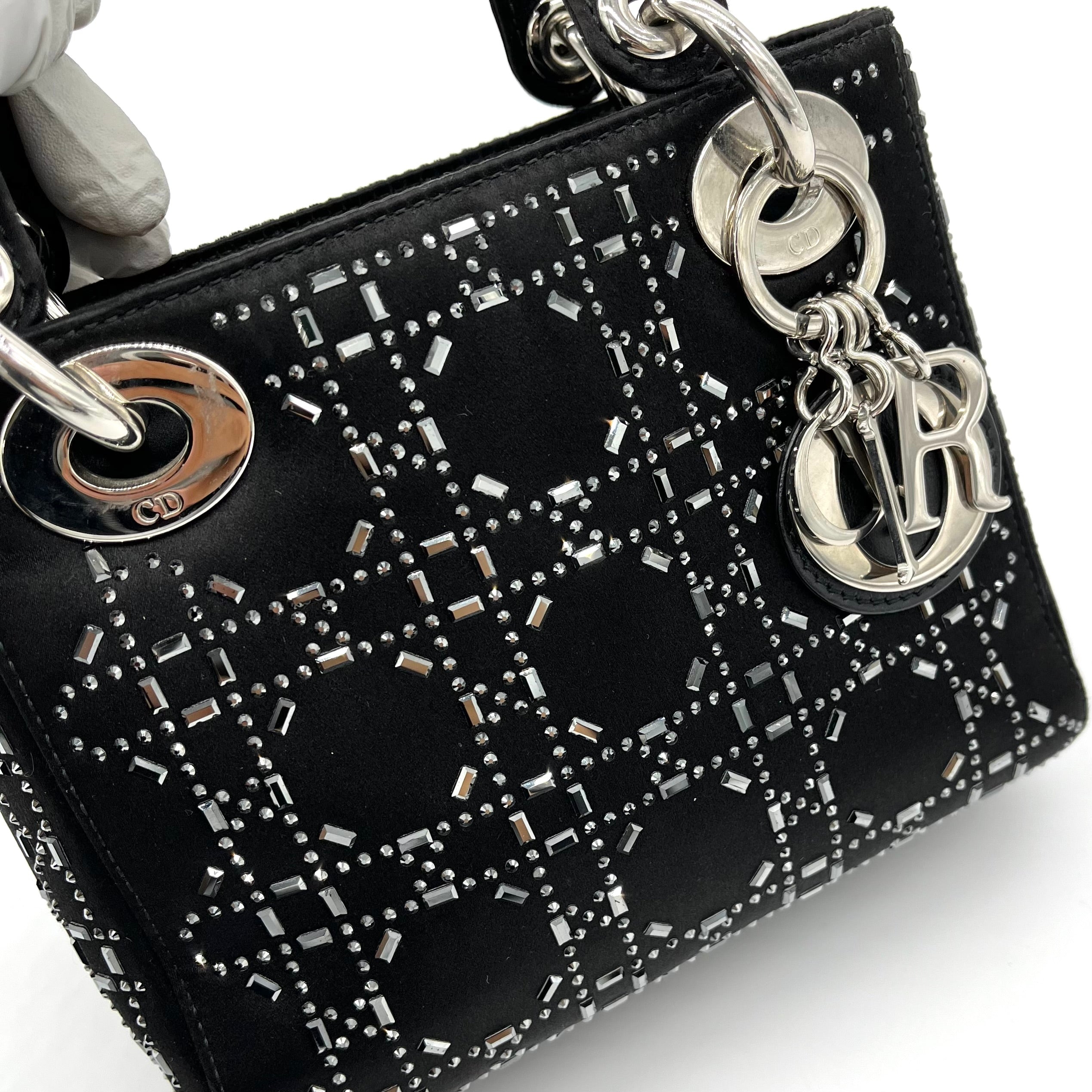 Christian Dior Satin Crystal Cannage Mini Lady Dior Black