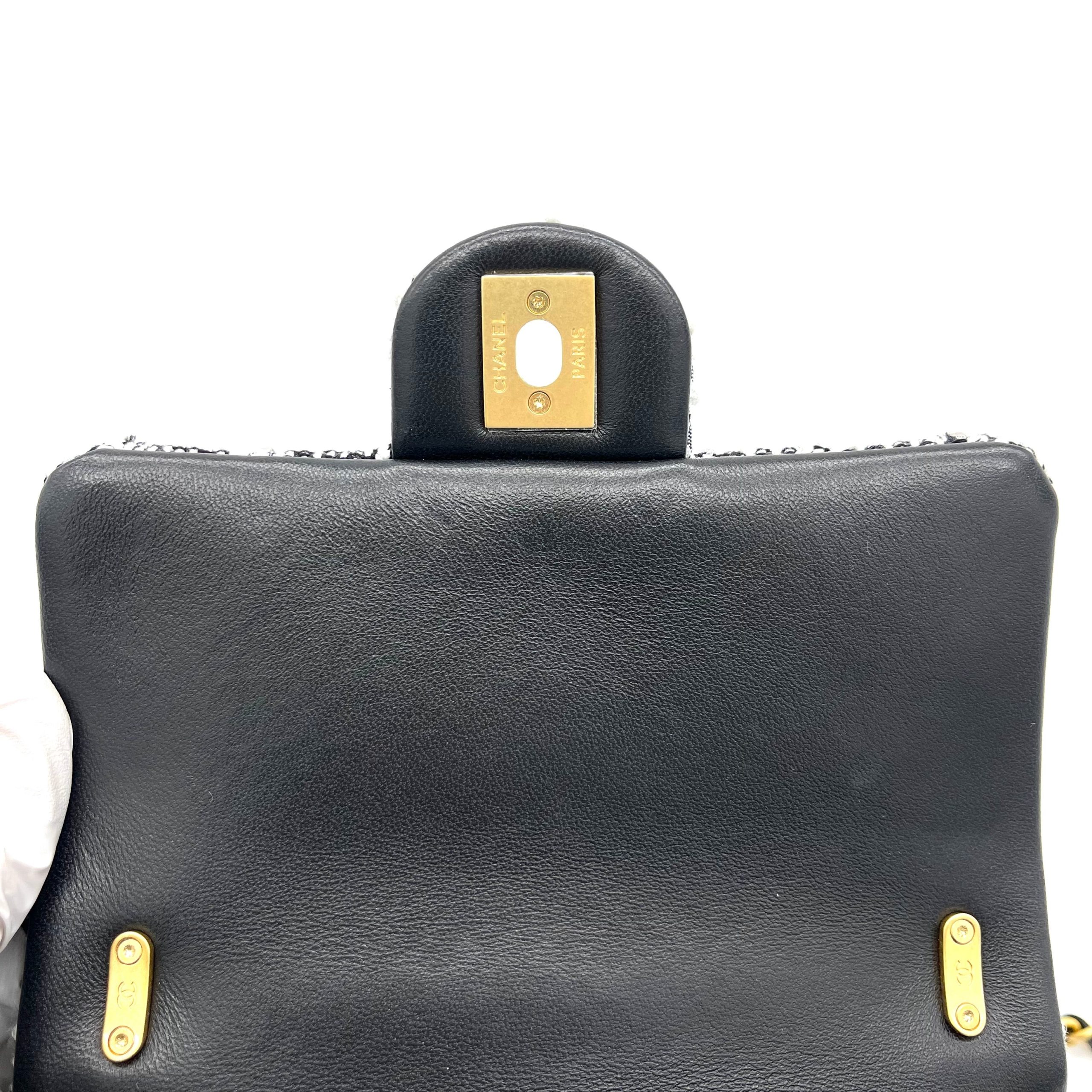 Chanel Mini Square Pearl Flap Bag Black and White Sequin Tweed Brushed Gold Hardware
