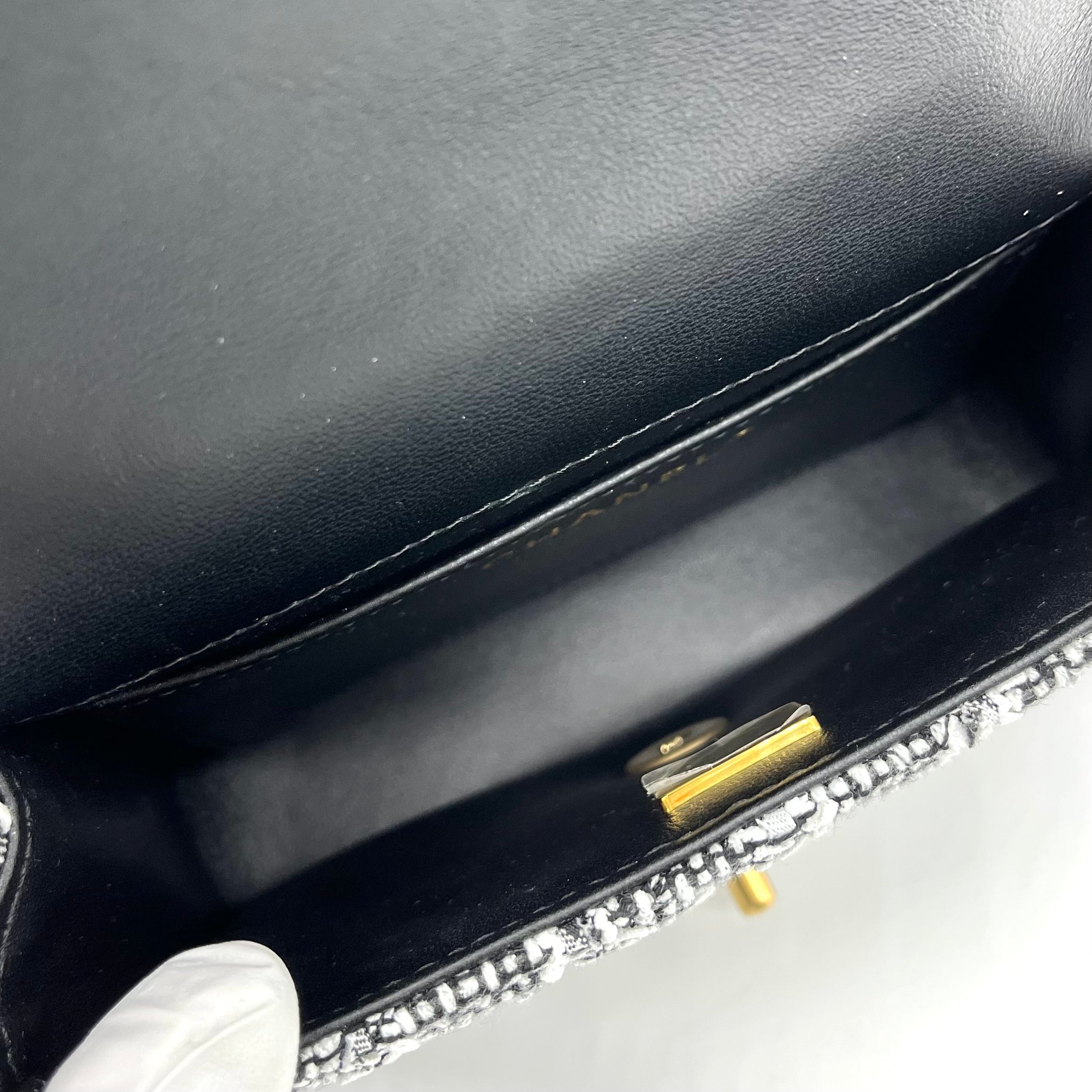 Chanel Mini Square Pearl Flap Bag Black and White Sequin Tweed Brushed Gold Hardware