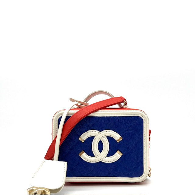 Chanel Caviar Quilted Small CC Filigree Vanity Case Blue White Red 2019