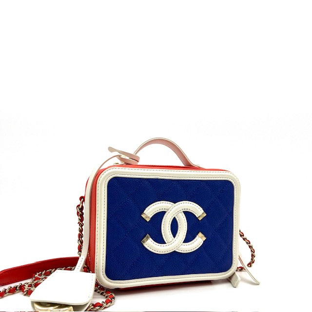 Chanel Caviar Quilted Small CC Filigree Vanity Case Blue White Red 2019