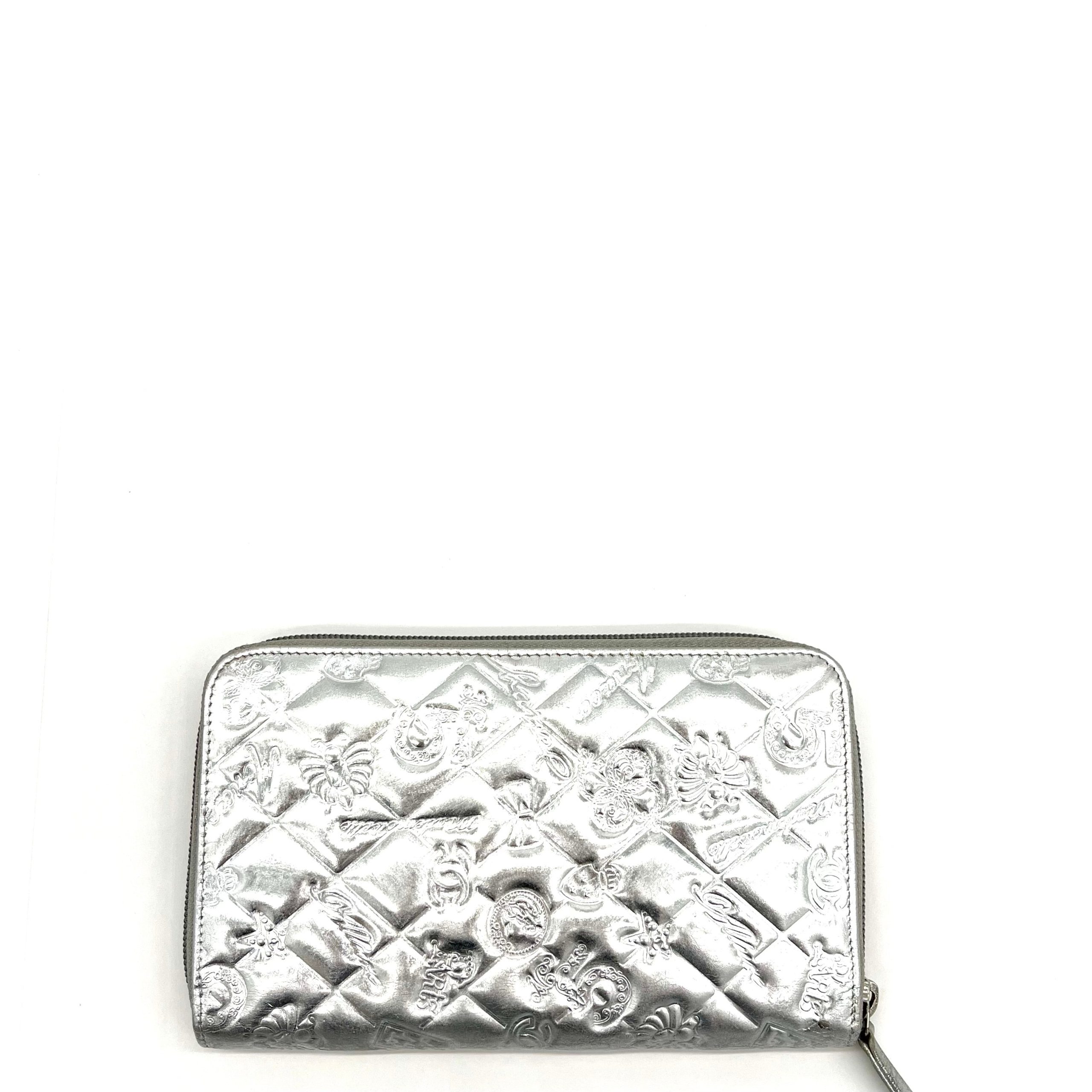 Chanel Silver Quilted Patent Leather Embossed Lucky Symbols Zip Around Wallet 2006-2008