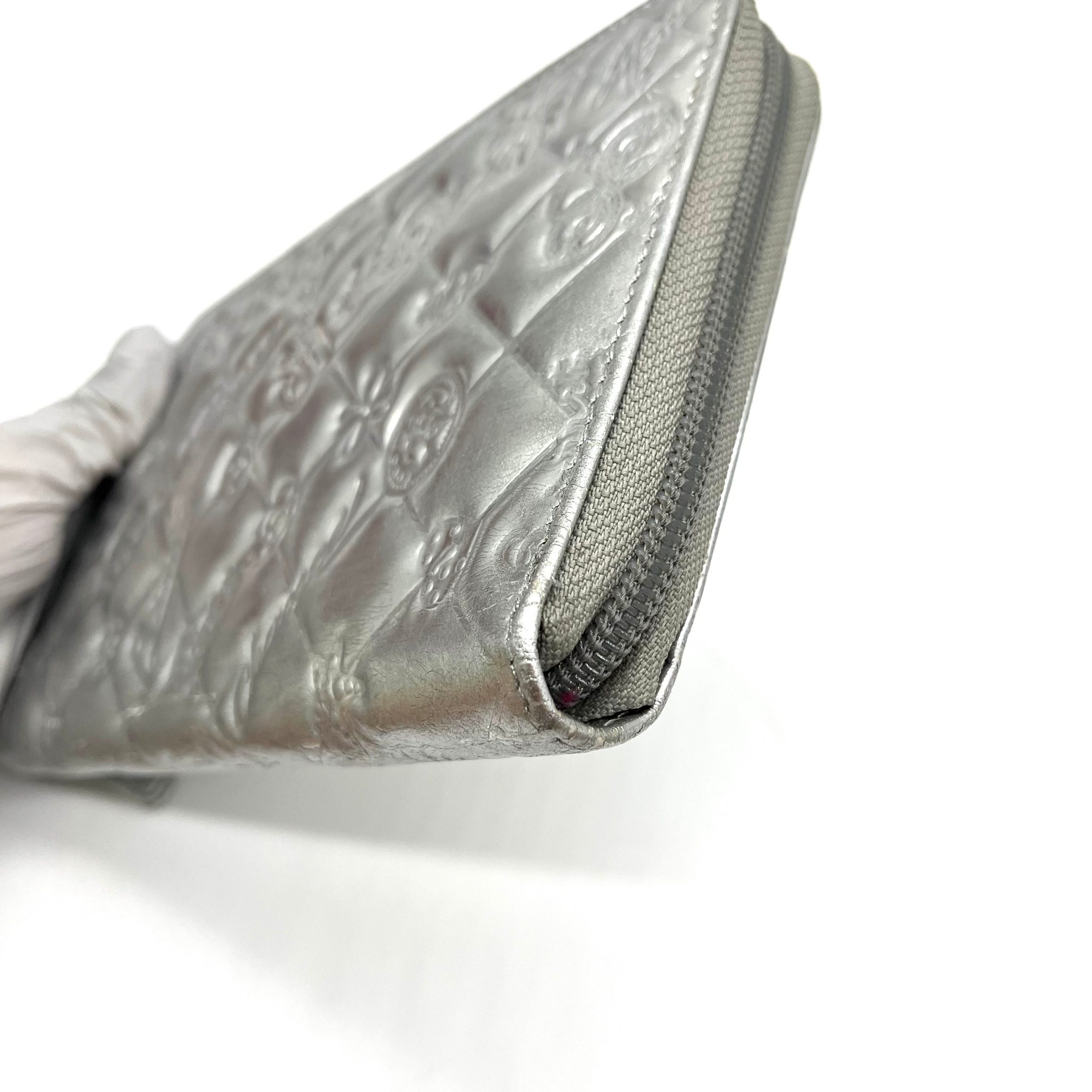 Chanel Silver Quilted Patent Leather Embossed Lucky Symbols Zip Around Wallet 2006-2008