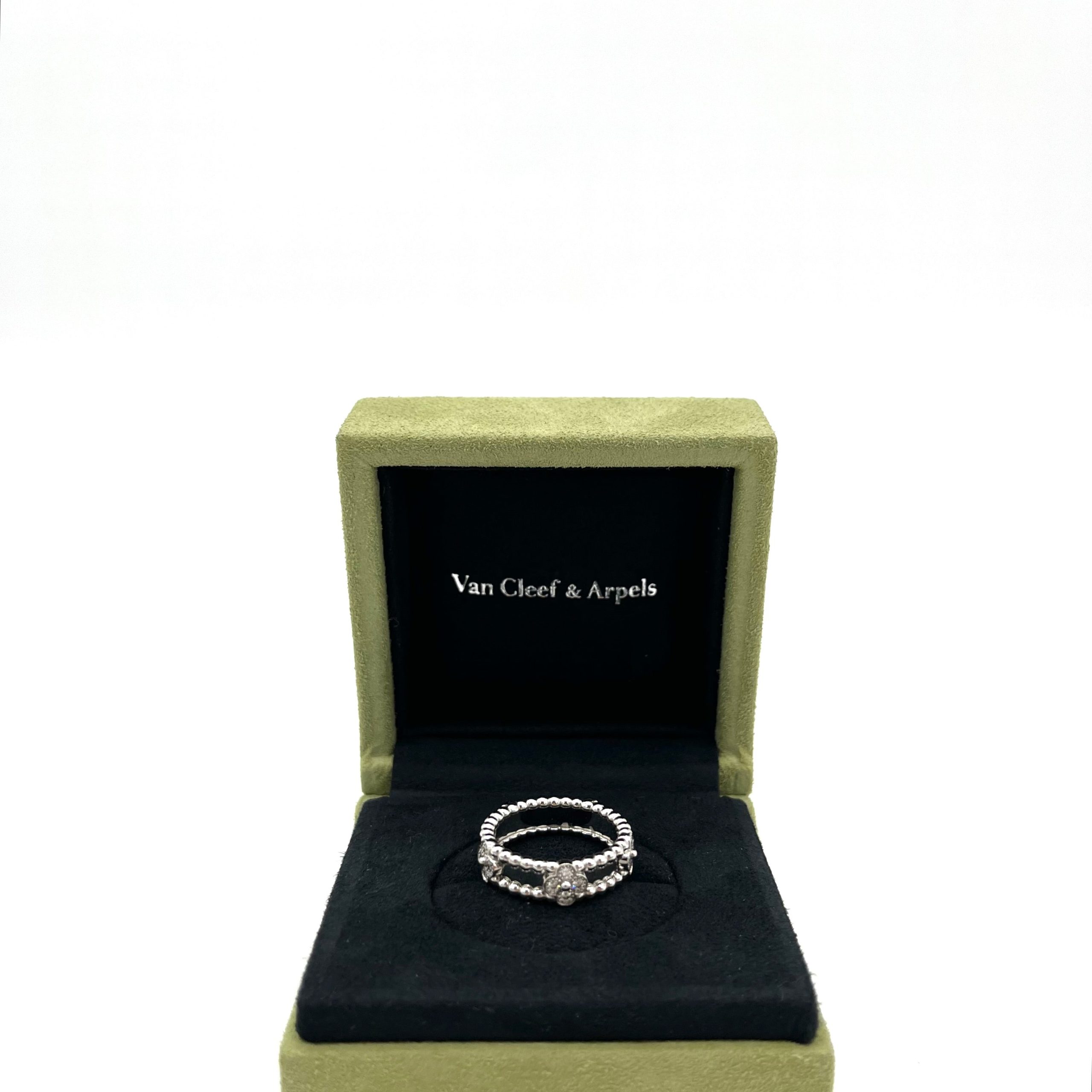 Van Cleef & Arpels 18K White Gold Diamond Sweet Perlee Clovers Ring 5.5 2024