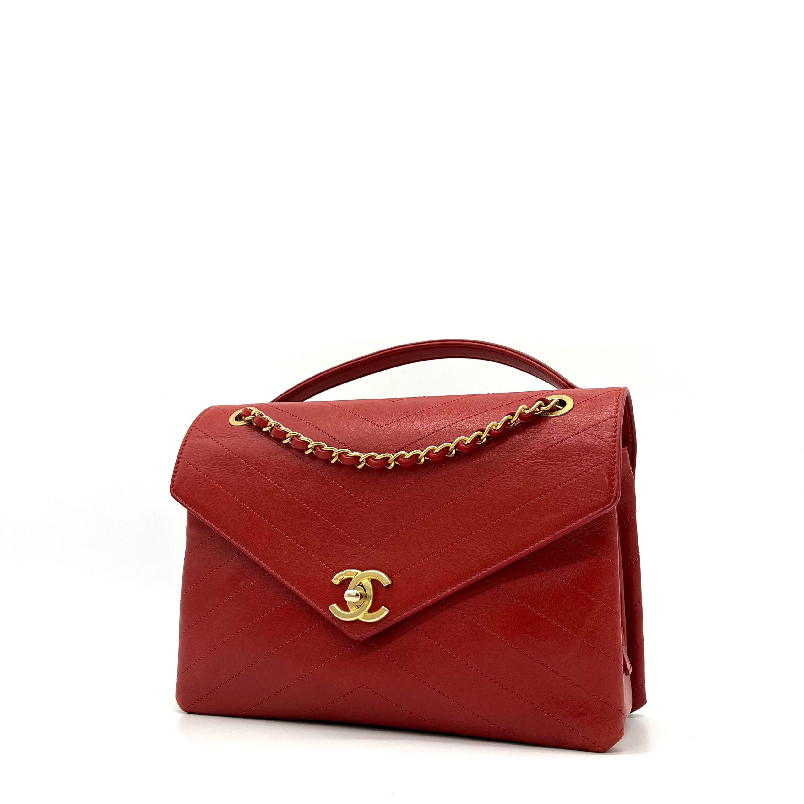 Chanel Lambskin Chevron Stitched Medium Envelope Flap Red 2018-2019