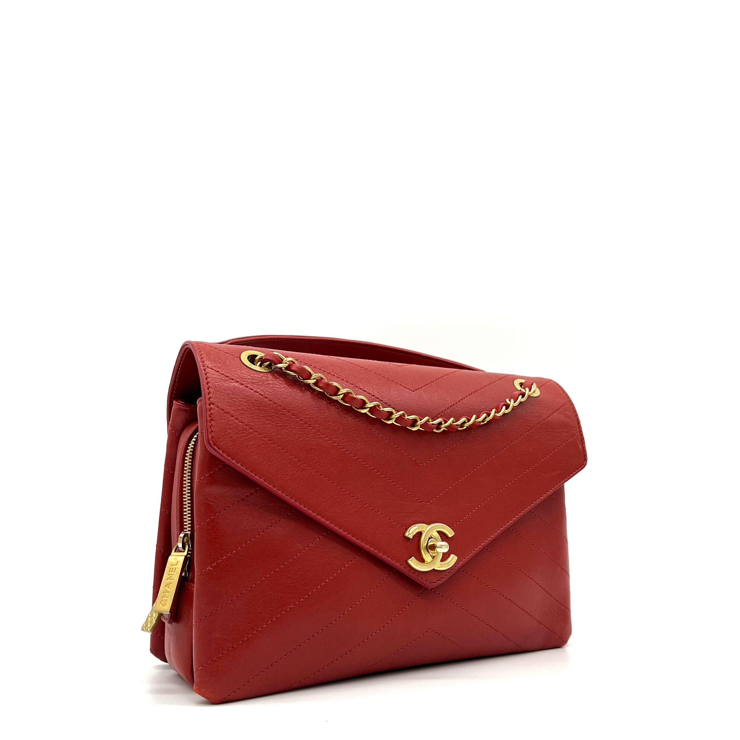 Chanel Lambskin Chevron Stitched Medium Envelope Flap Red 2018-2019