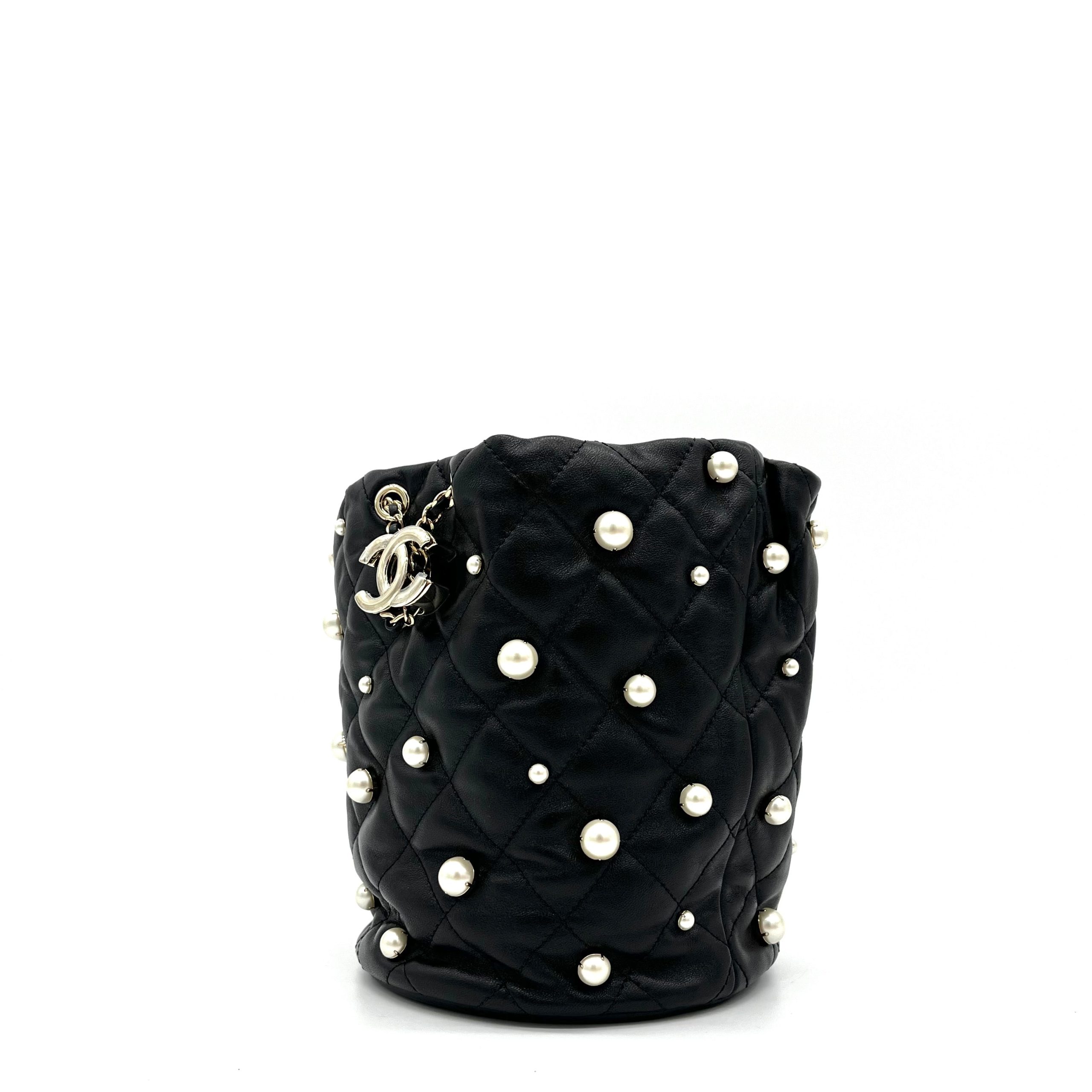 Chanel Lambskin Quilted Pearl About Pearls Drawstring Bag Black 2021