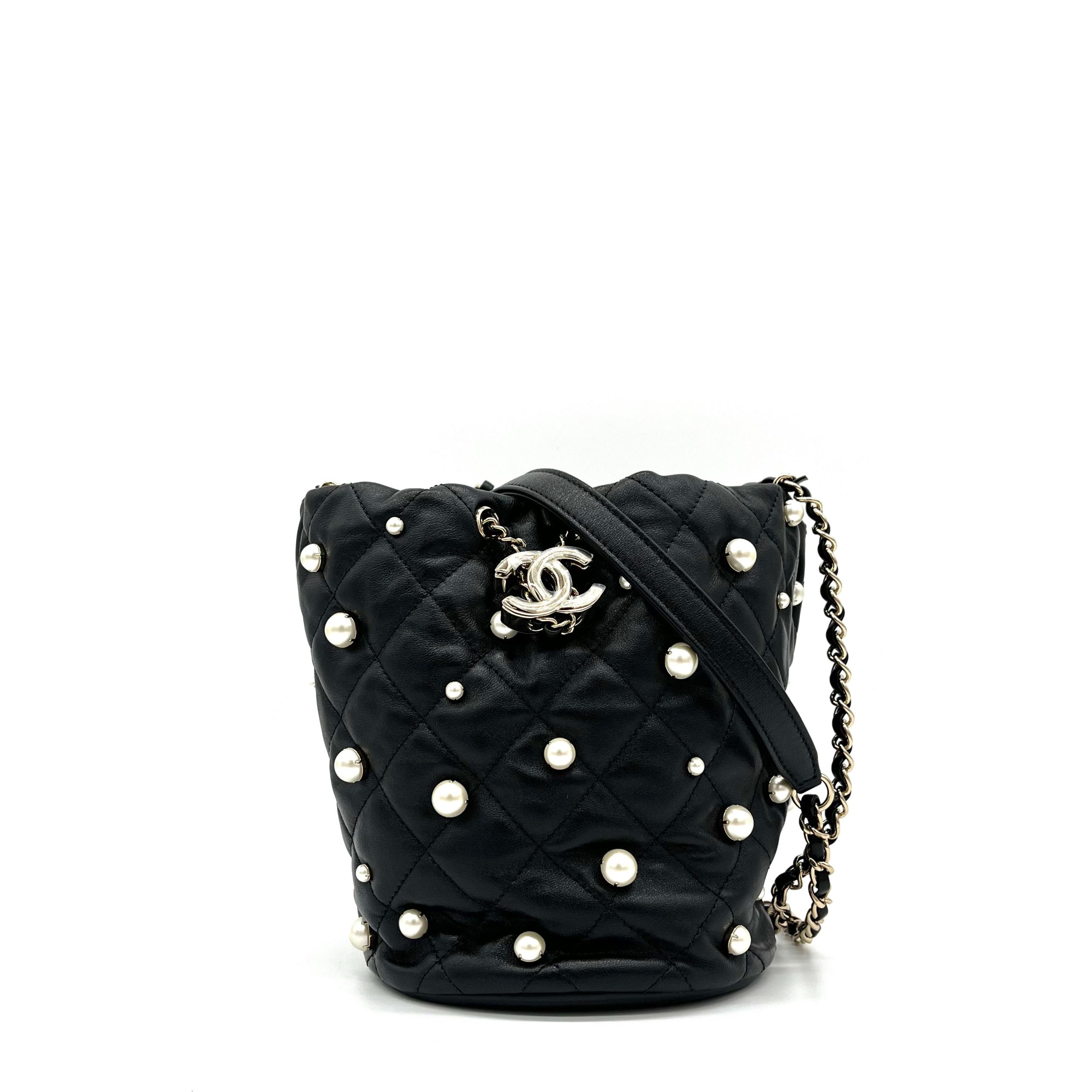 Chanel Lambskin Quilted Pearl About Pearls Drawstring Bag Black 2021