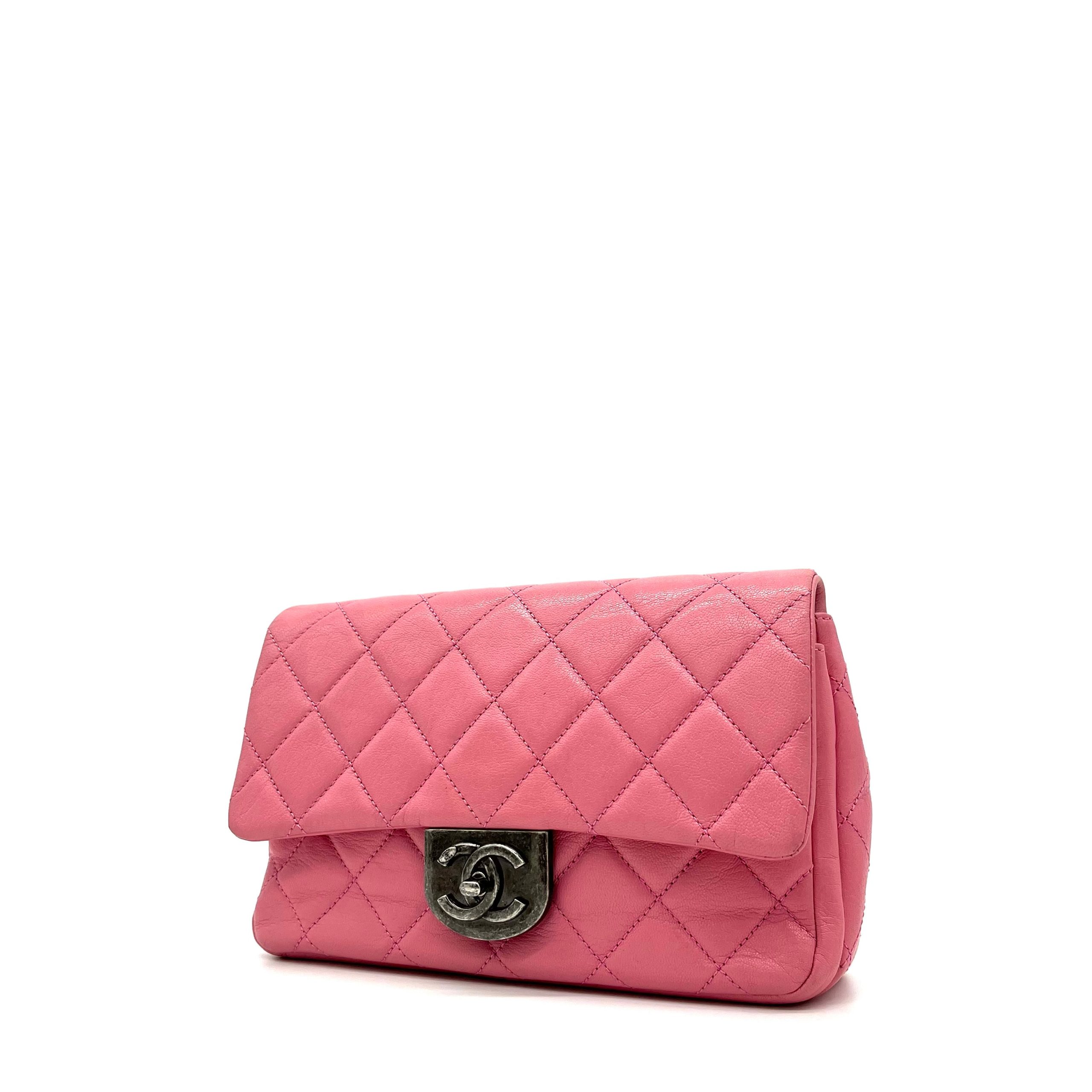 Chanel Shiny Goatskin Quilted Small Double Carry Waist Chain Flap Pink 2016-2017