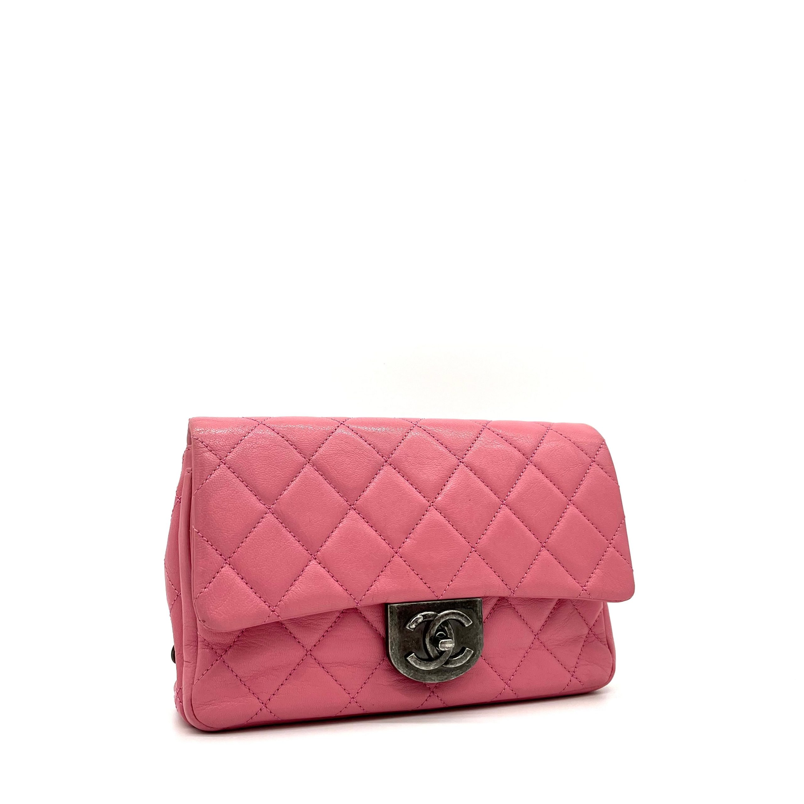 Chanel Shiny Goatskin Quilted Small Double Carry Waist Chain Flap Pink 2016-2017
