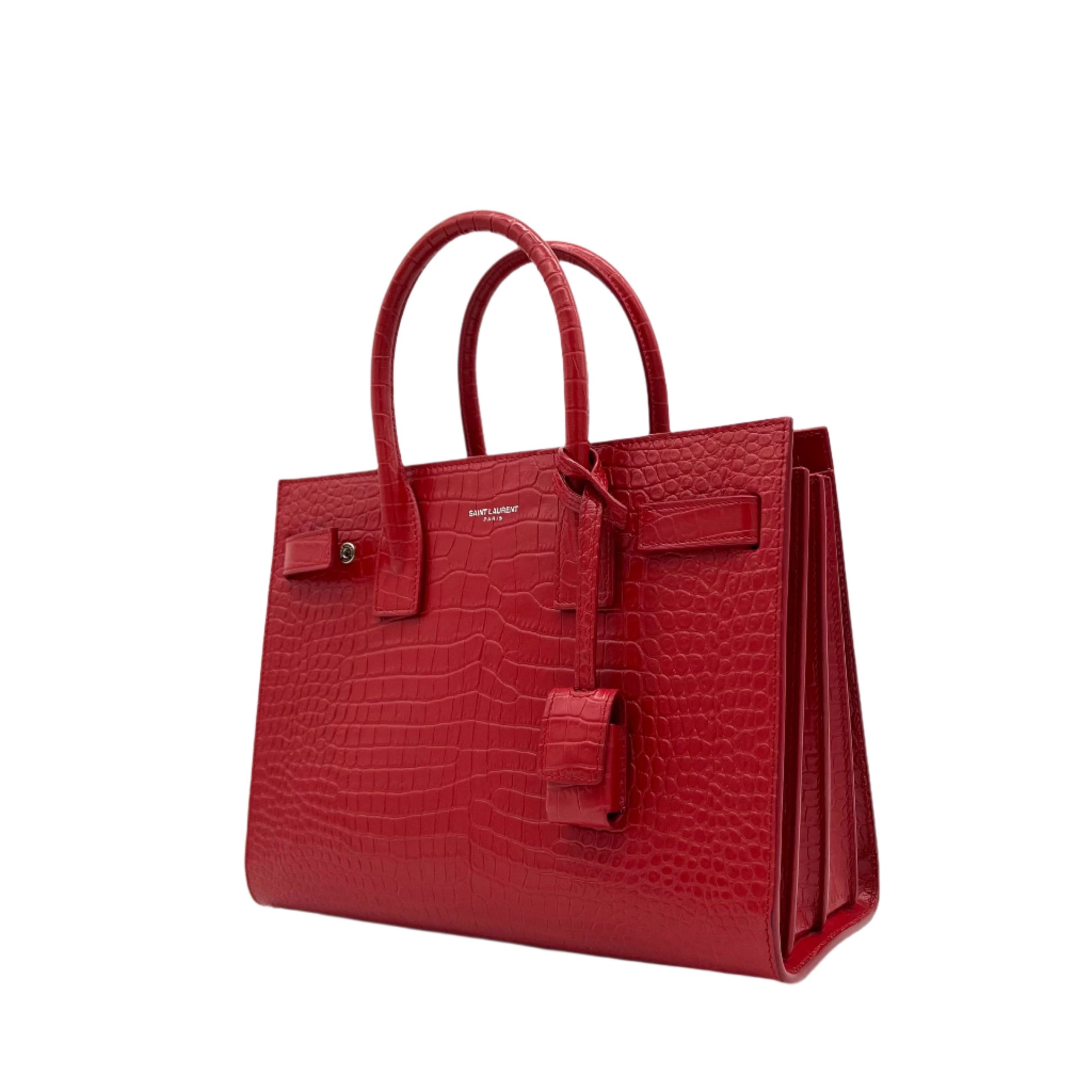 Saint Laurent small sac de jour top handle bag in matte embossed crocodile Leather Red