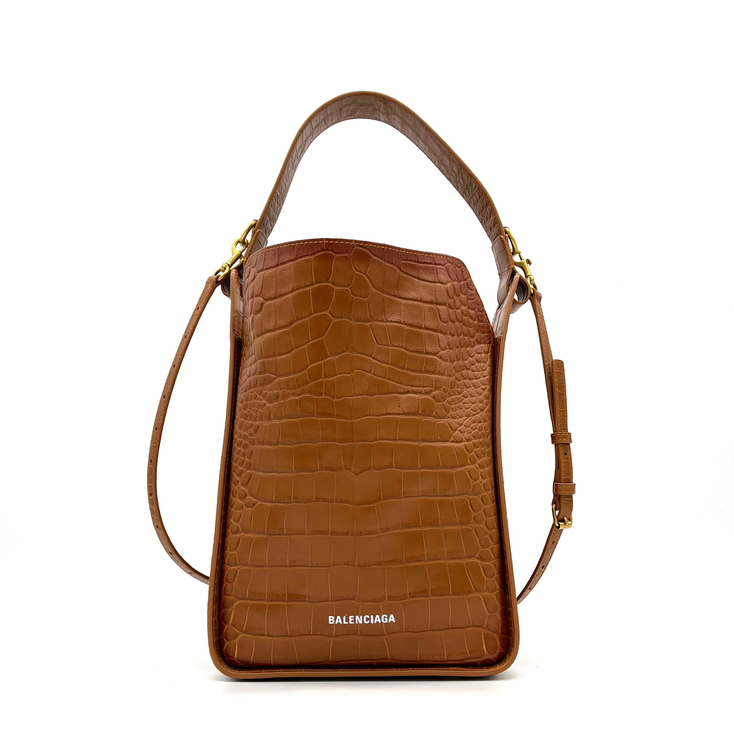 BALENCIAGA Extra Supple Calfskin Crocodile Embossed Small Tool 2.0 North-South Tote Camel