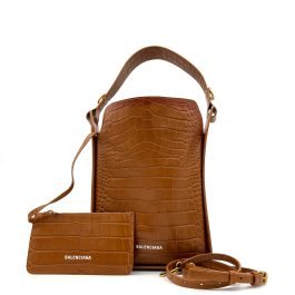BALENCIAGA Extra Supple Calfskin Crocodile Embossed Small Tool 2.0 North-South Tote Camel