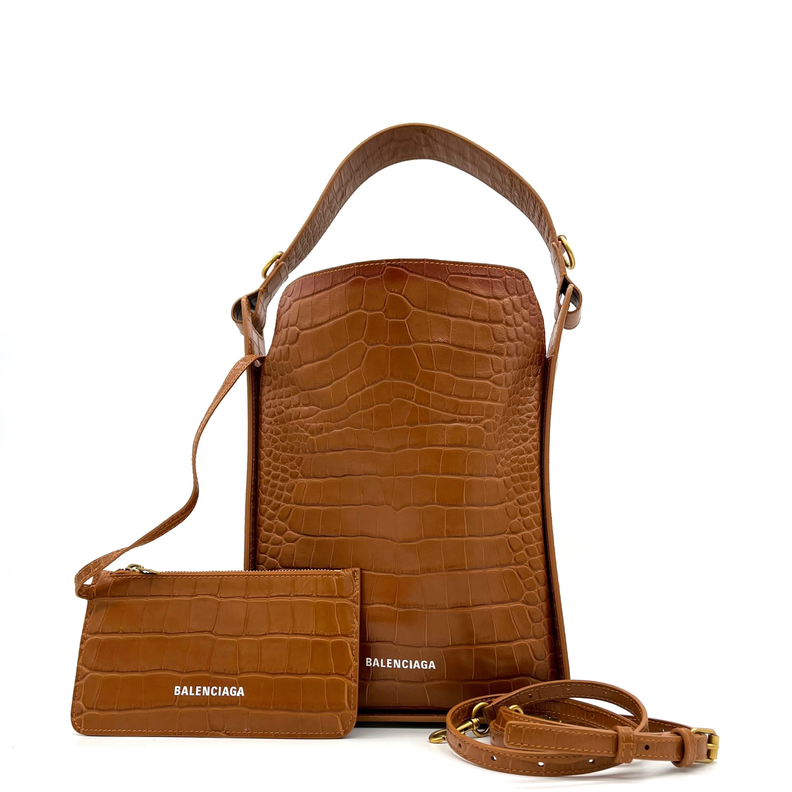 BALENCIAGA Extra Supple Calfskin Crocodile Embossed Small Tool 2.0 North-South Tote Camel