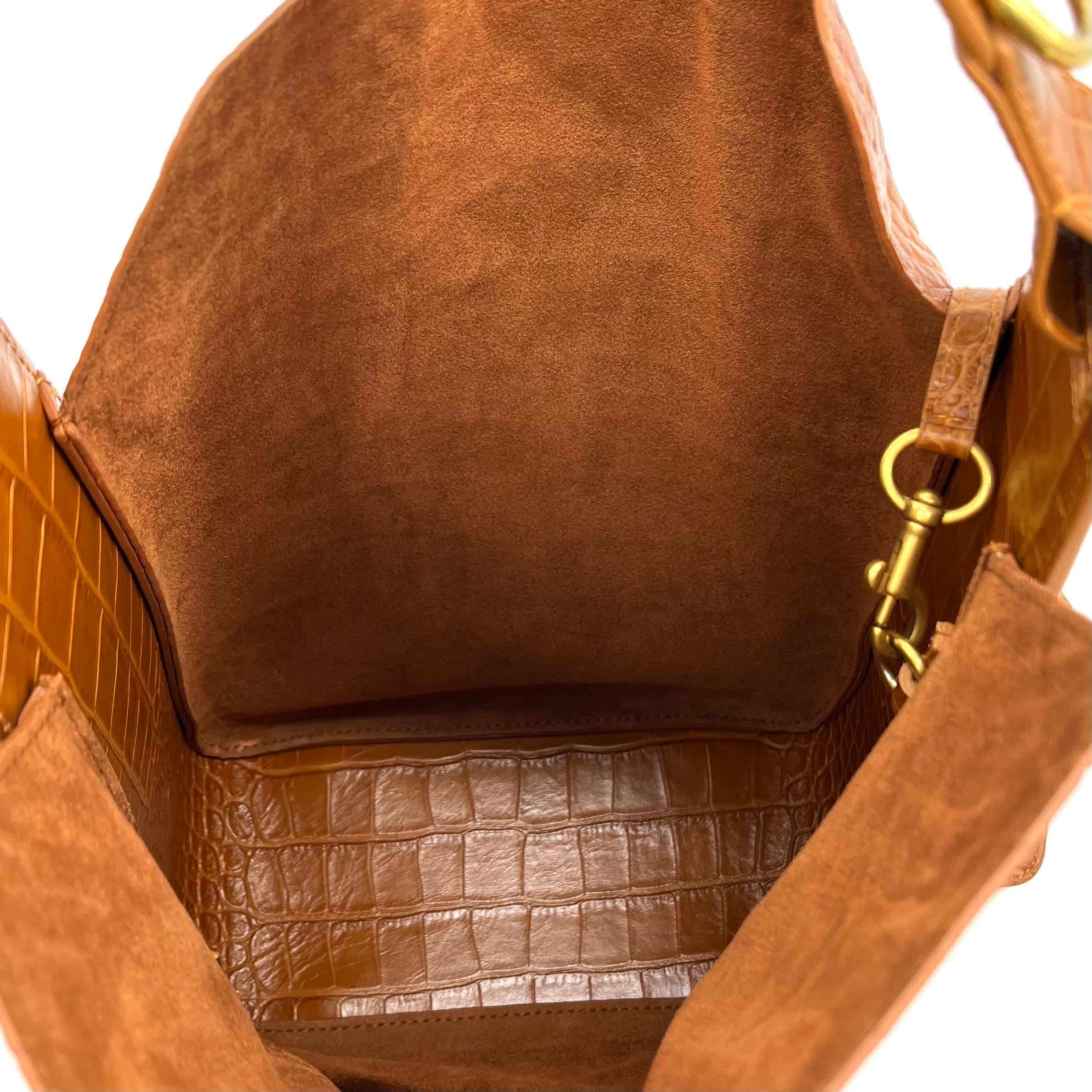 BALENCIAGA Extra Supple Calfskin Crocodile Embossed Small Tool 2.0 North-South Tote Camel