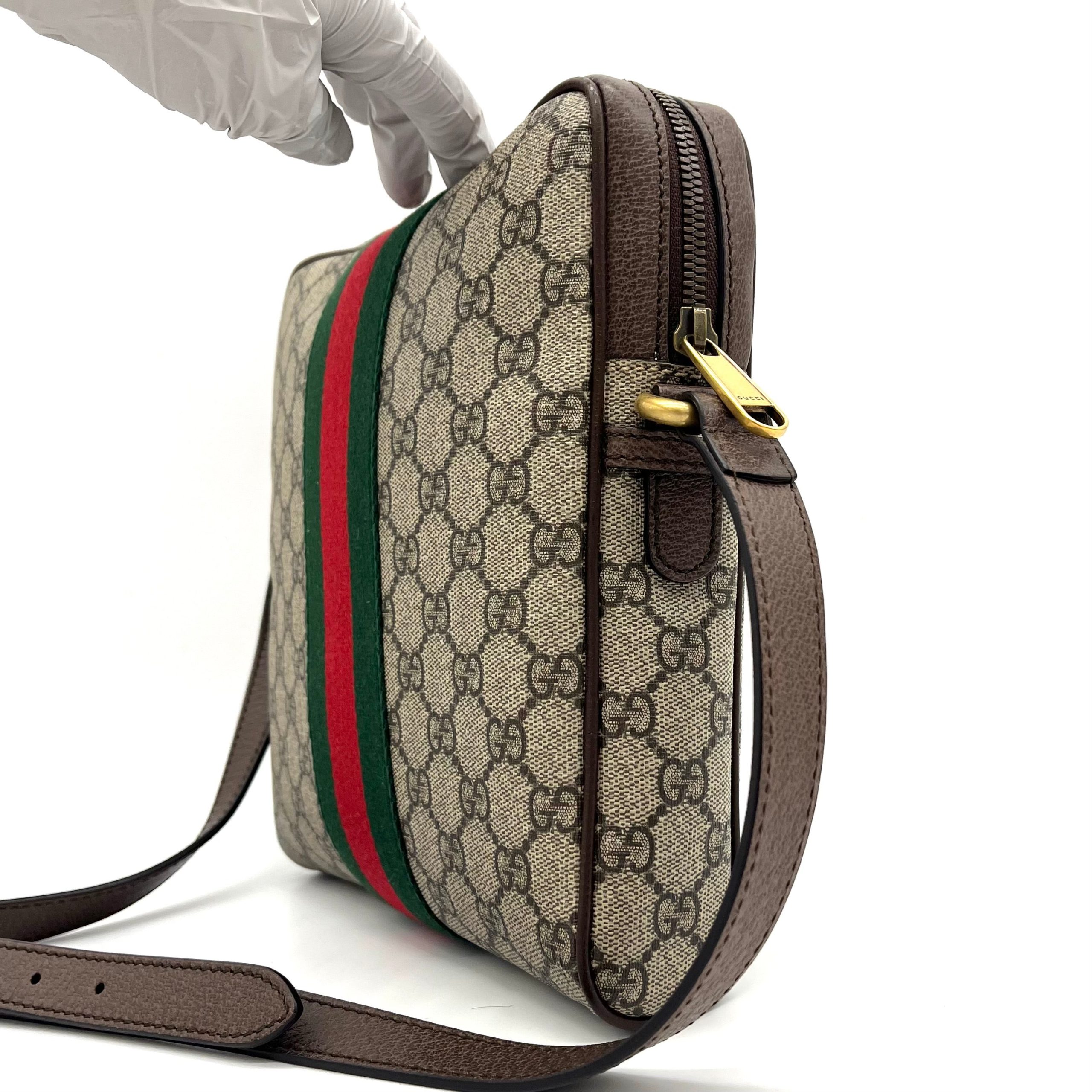 GUCCI GG Supreme Monogram Web Small Ophidia Messenger Bag Brown