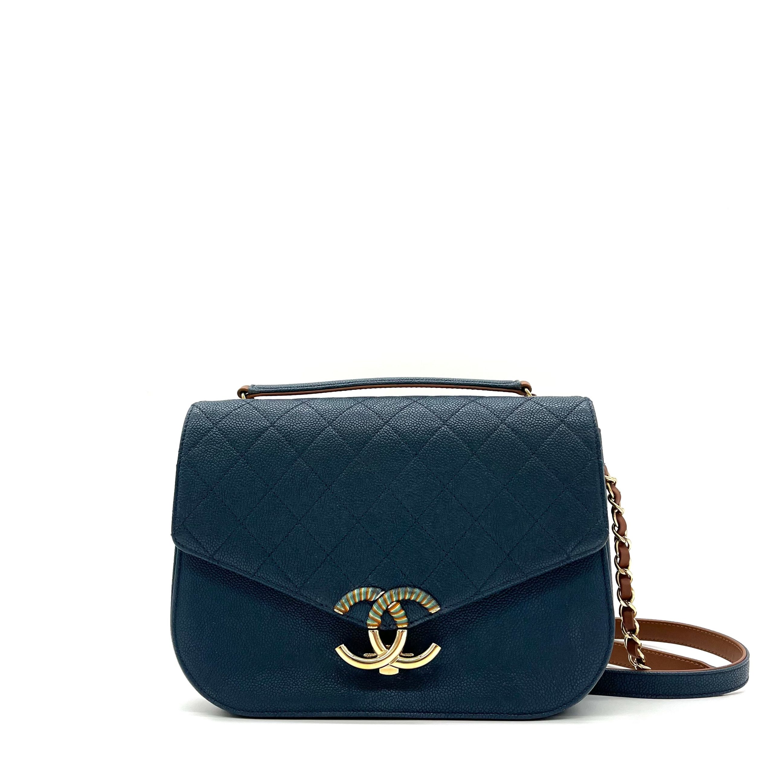 CHANEL Grained Calfskin Quilted Medium Cuba Top Handle Flap Blue 2017