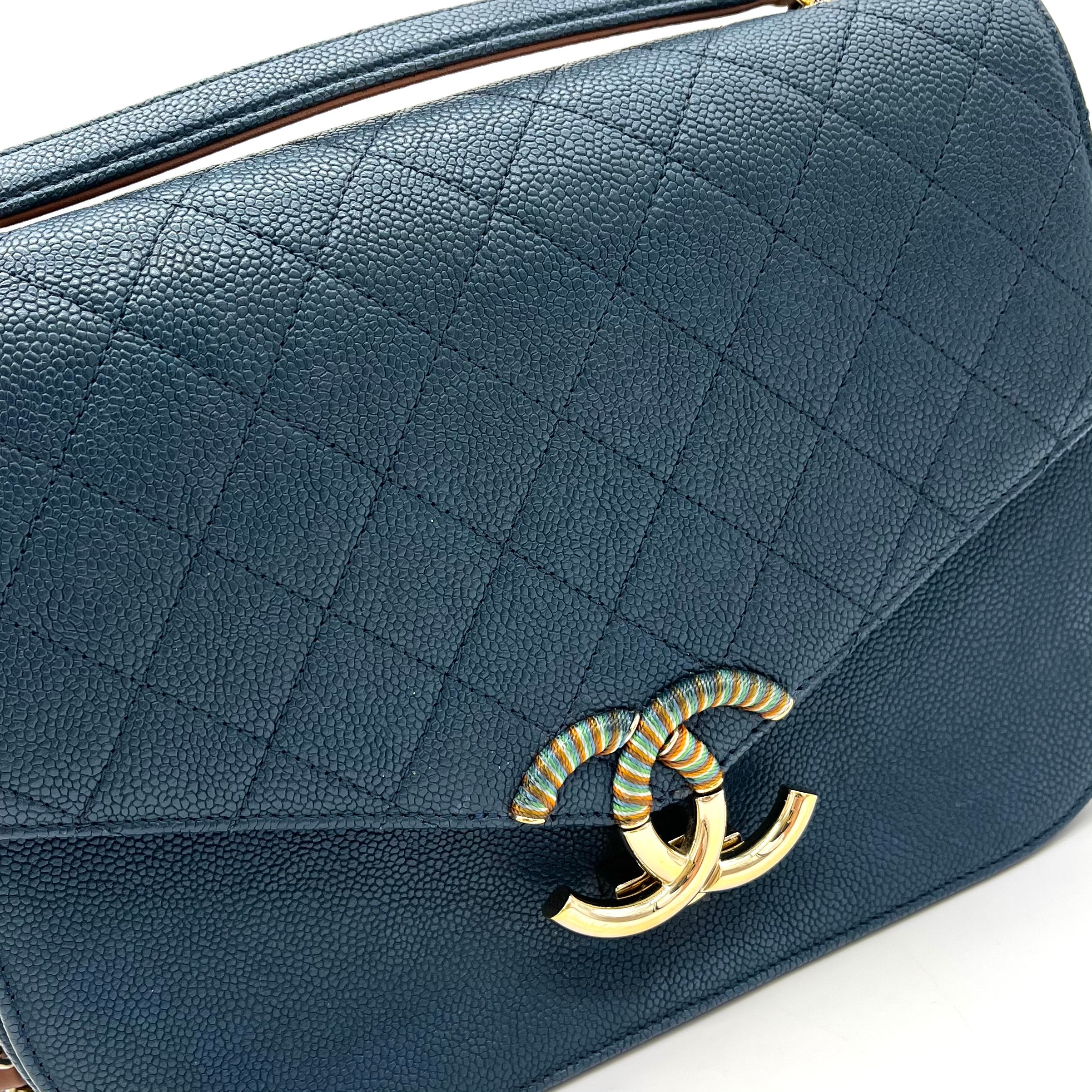 CHANEL Grained Calfskin Quilted Medium Cuba Top Handle Flap Blue 2017