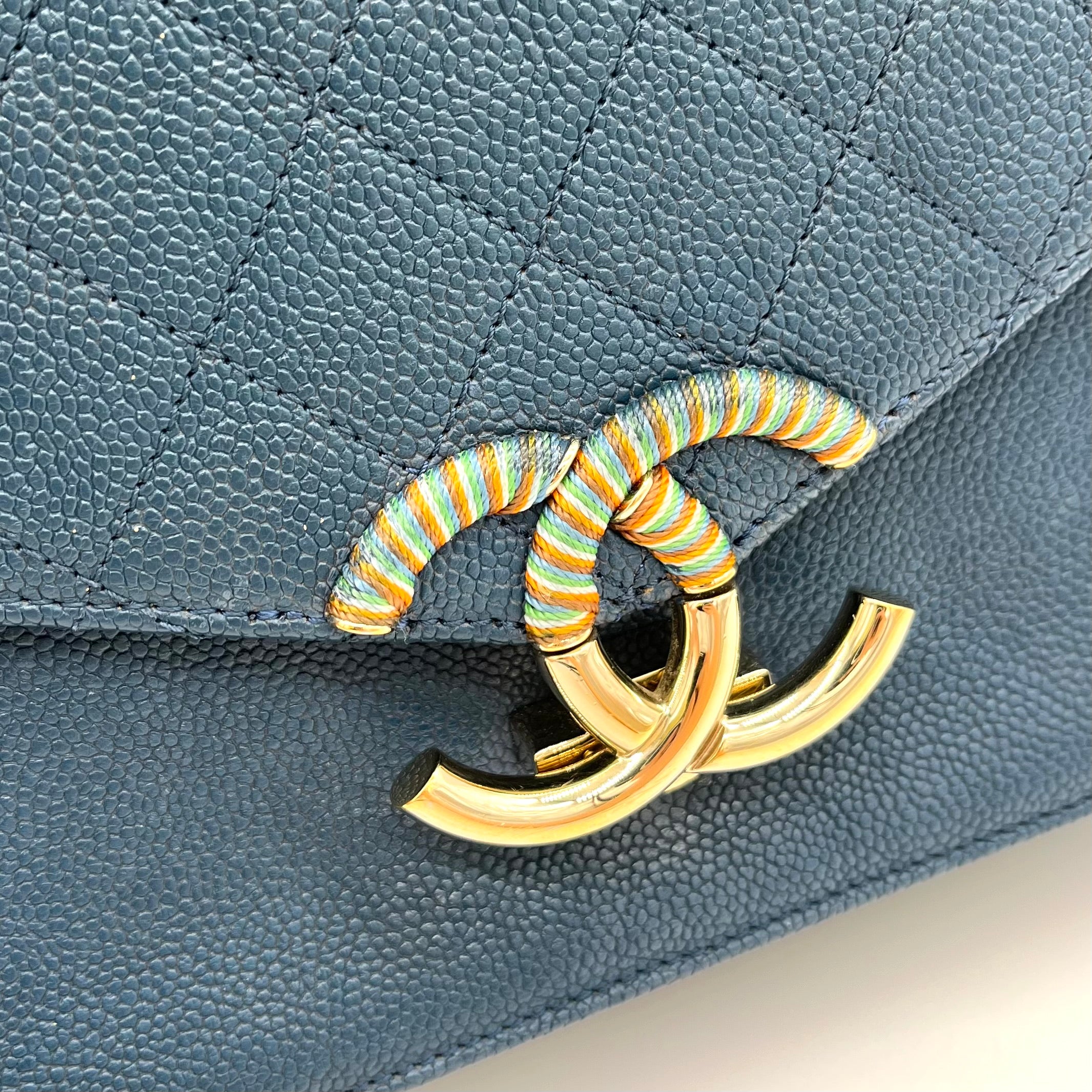 CHANEL Grained Calfskin Quilted Medium Cuba Top Handle Flap Blue 2017