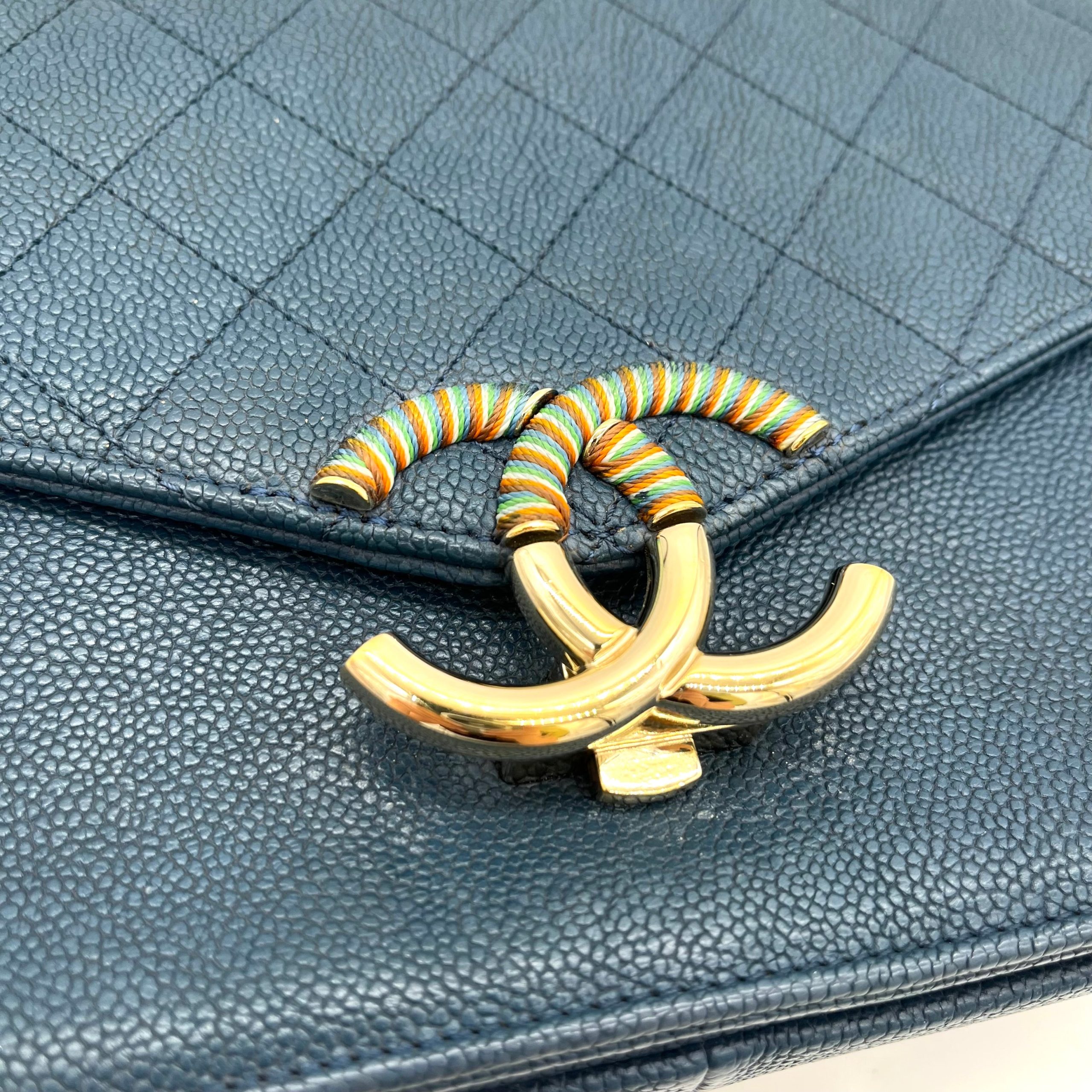 CHANEL Grained Calfskin Quilted Medium Cuba Top Handle Flap Blue 2017