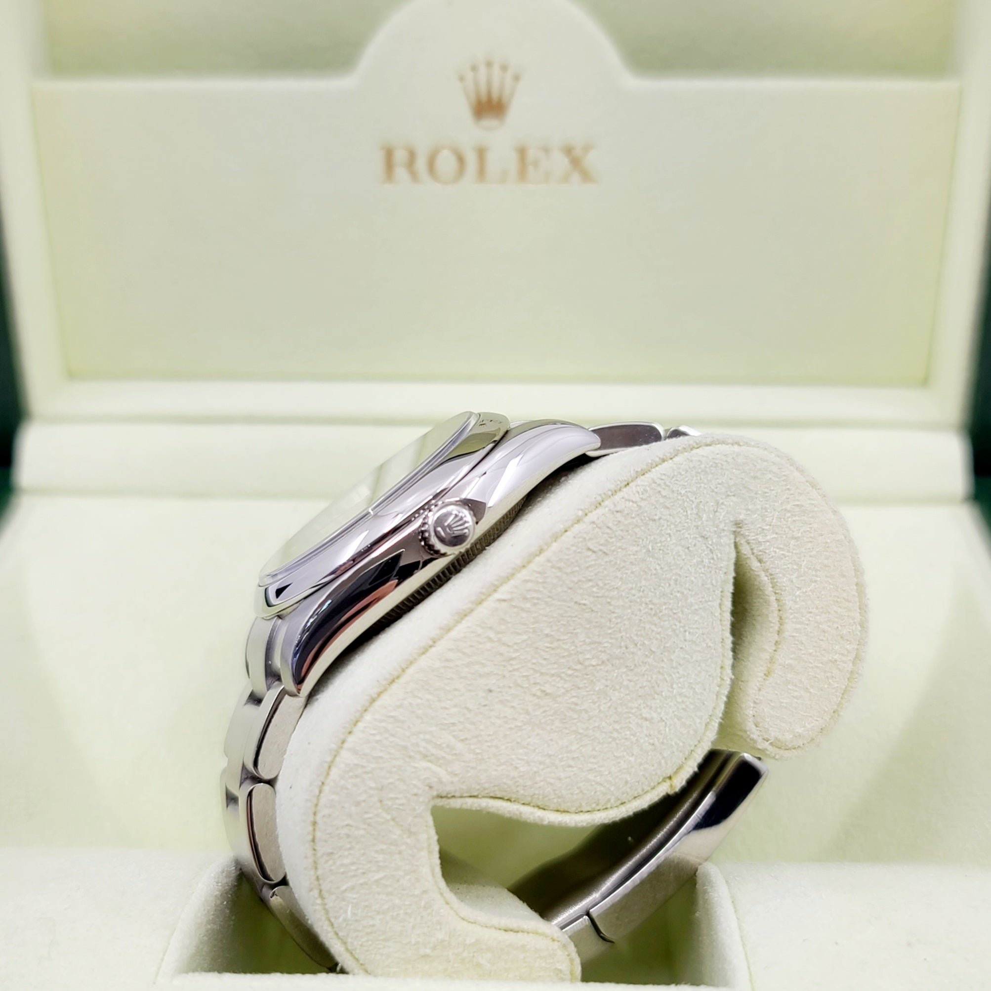 Rolex 114200 Air King Blue Baton Dial Domed Bezel Steel