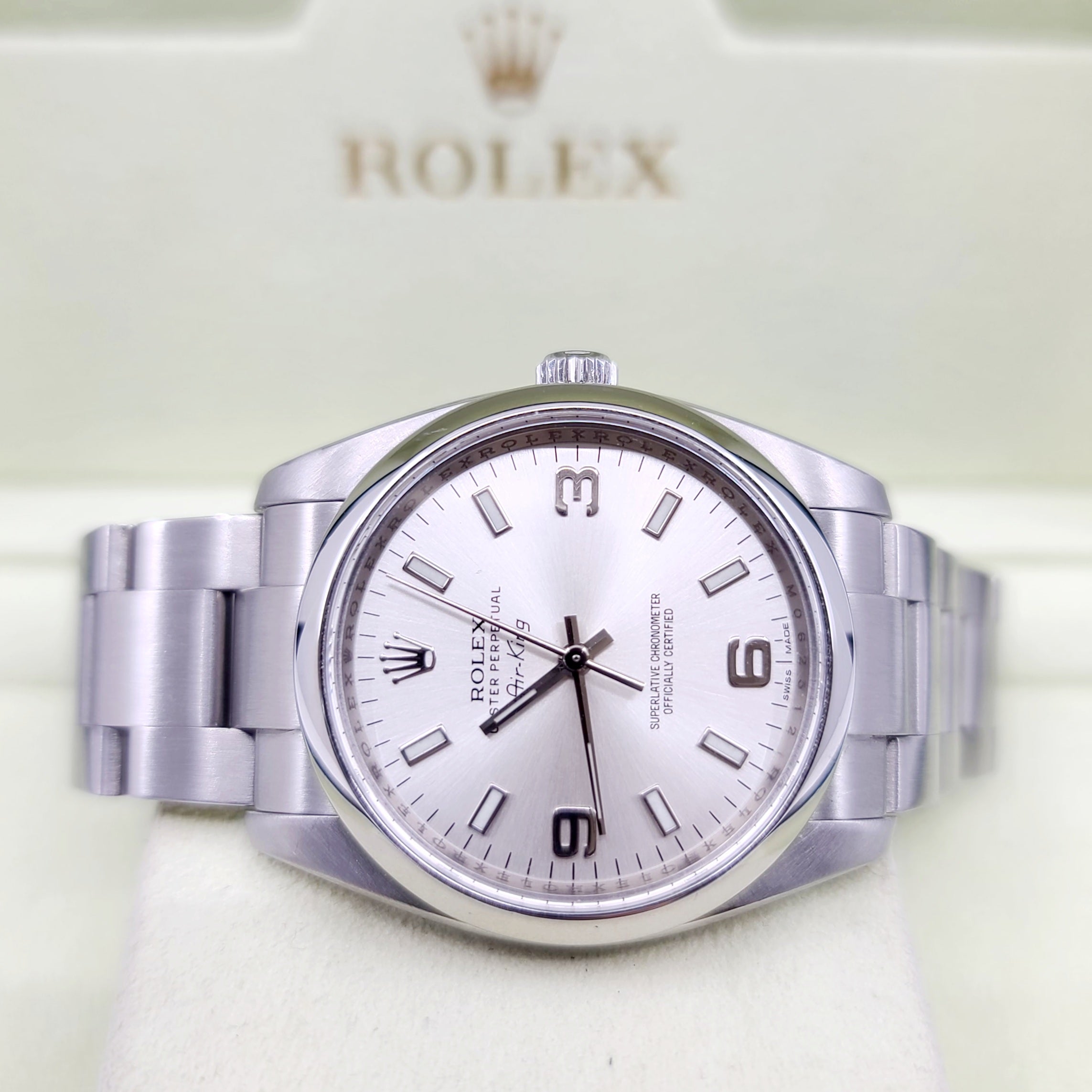 Rolex 114200 Air King Blue Baton Dial Domed Bezel Steel