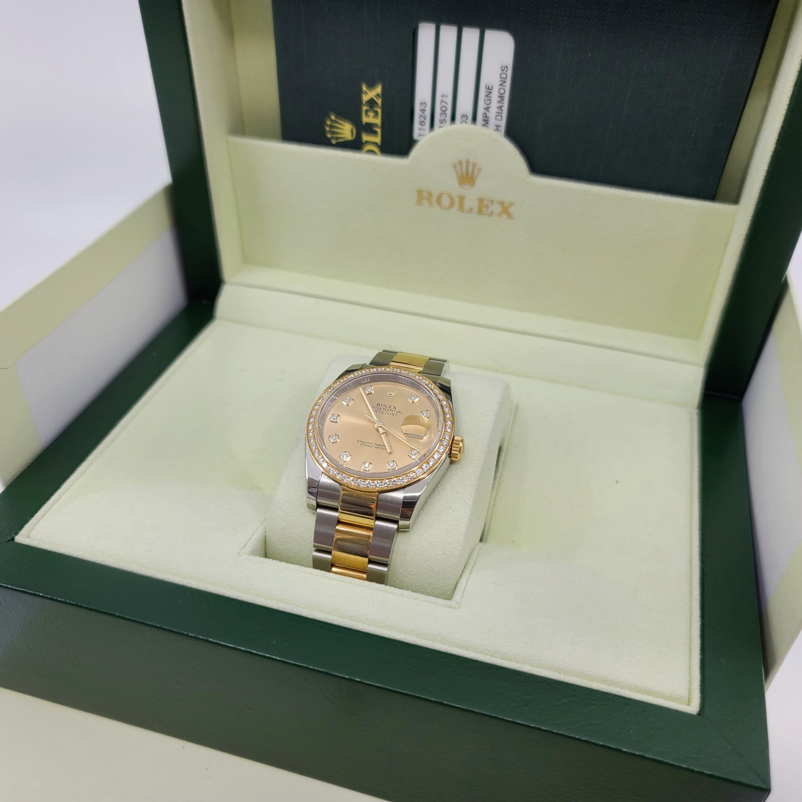 2014 Rolex 116243 date just factory tenpoint dail $ diamonds bazel Twotone 18k gold all factory parts