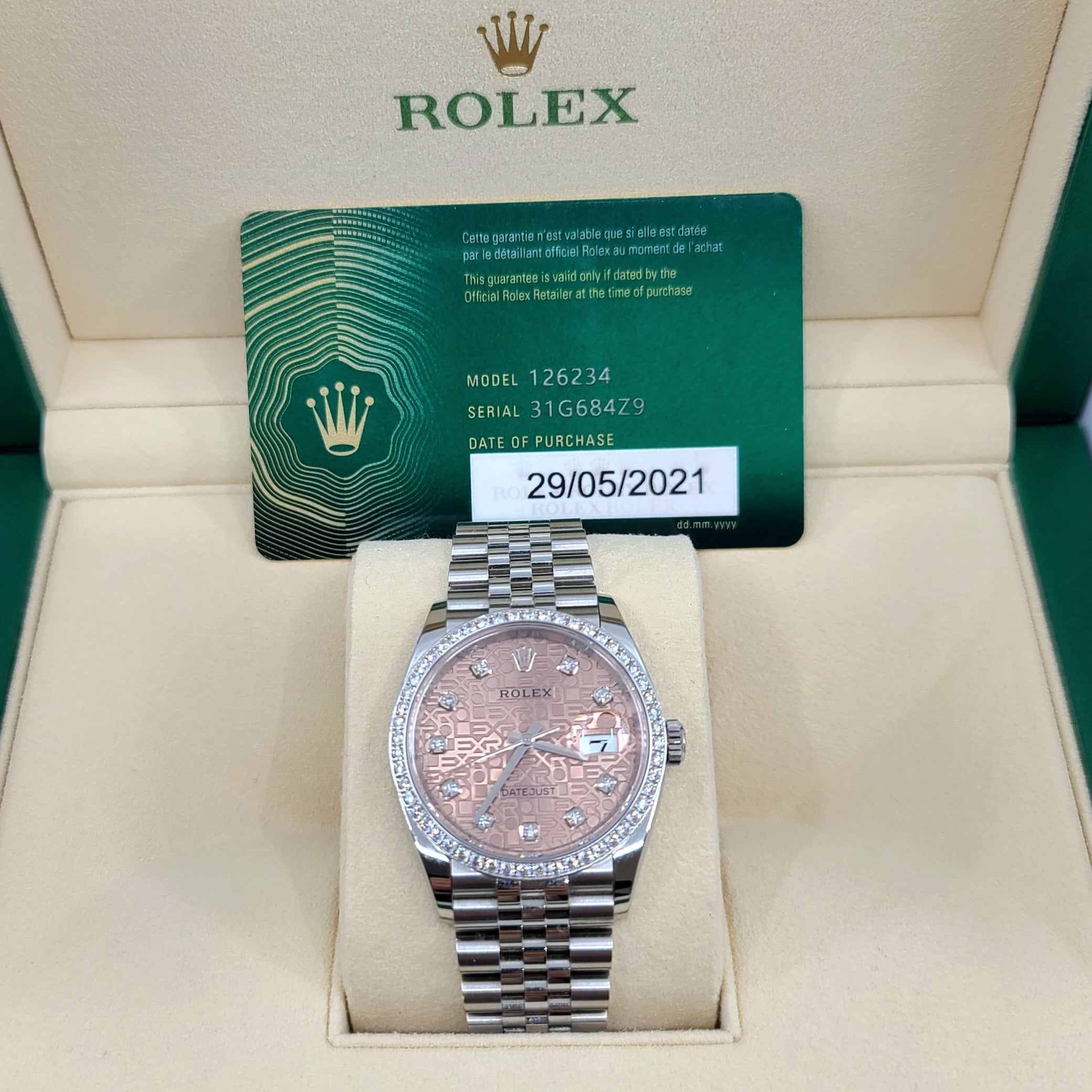 2021 Year Rolex Datejust 126234 Steel 36mm Pink Jubilee Diamond Dial Jubilee Bracelet Auto