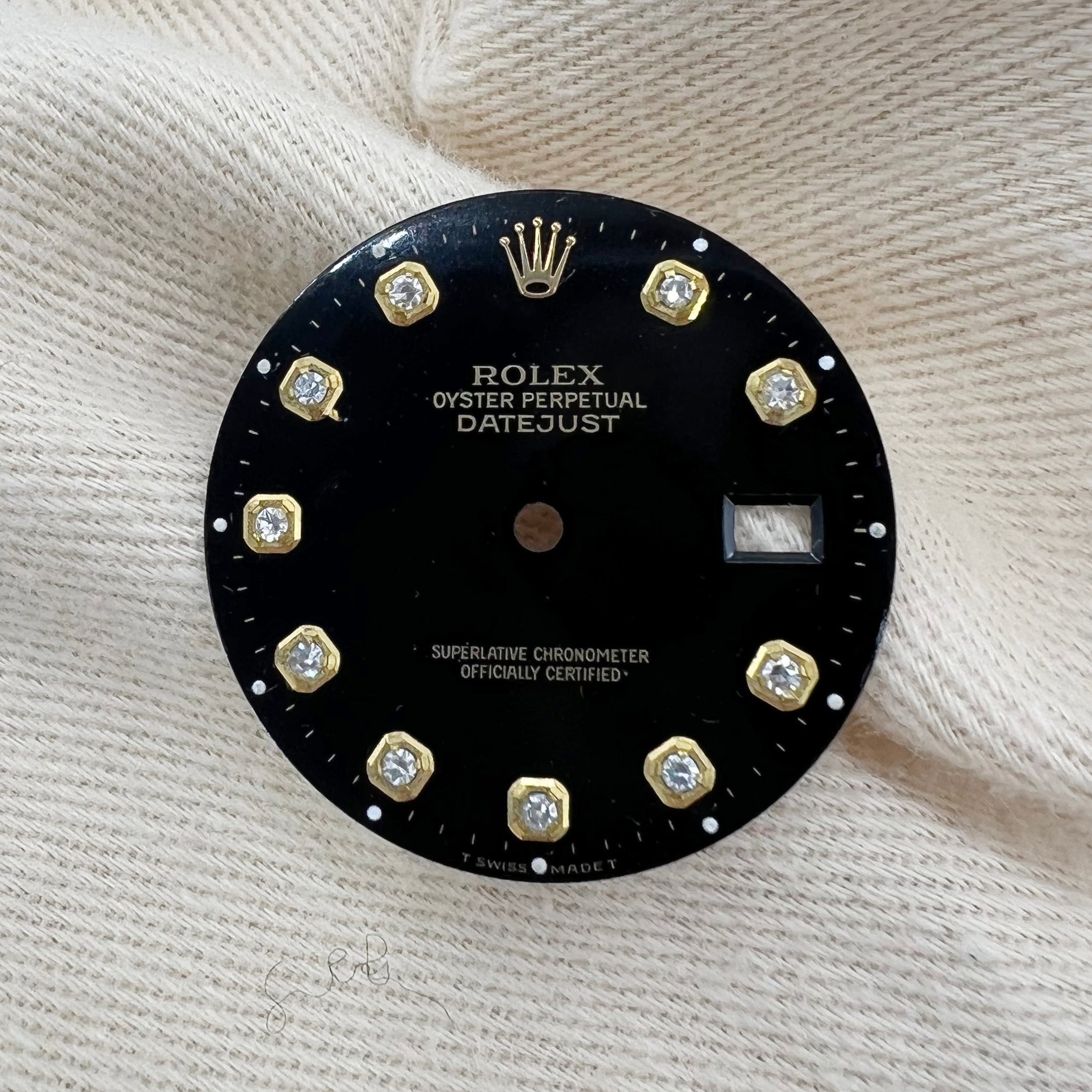 Guaranteed Authentic Rolex Oyster Perpetual DateJust Black 10pt Diamond With Gold Border Watch Dial 36mm