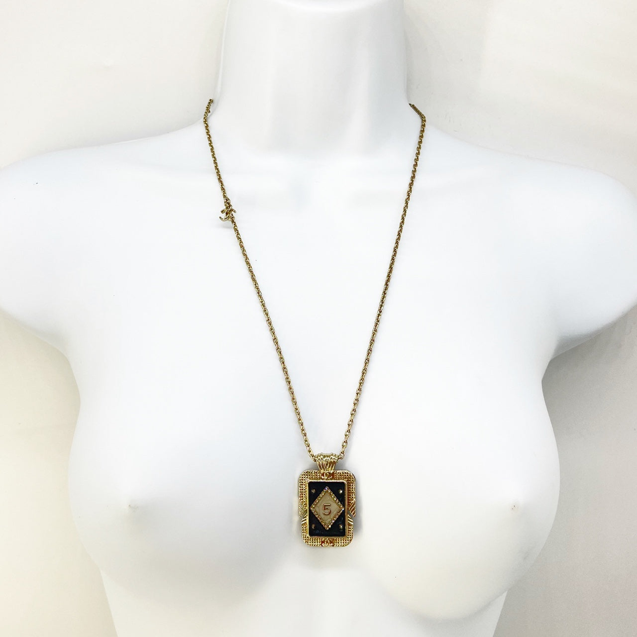 Guarantee Authentic Chanel Crystal No.5 Perfume Bottle Rectangle Pendant Reversible Gold tone necklace