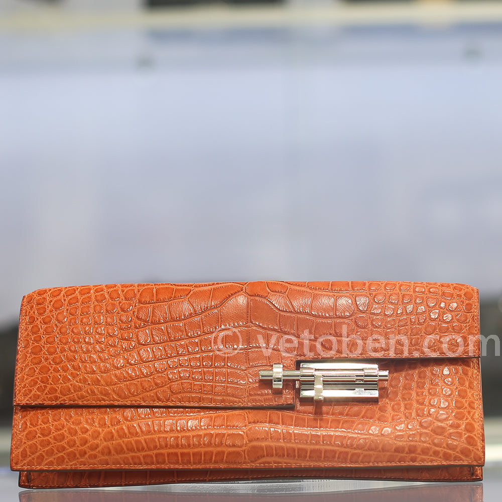HERMES Verrou Orange Matte Alligator Crocodile Clutch Bag