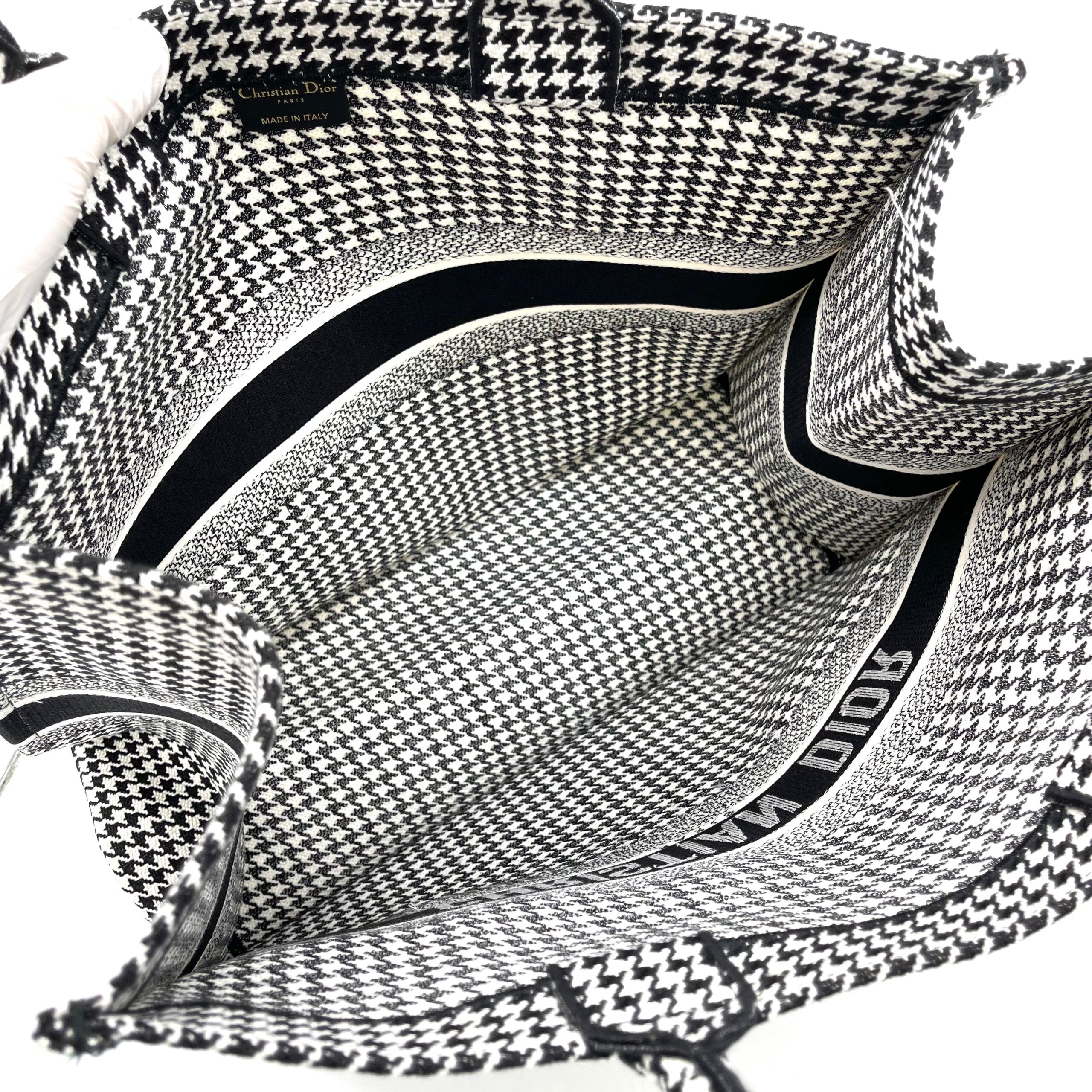 Brand New LARGE DIOR BOOK TOTE Black Macro Houndstooth Embroidery